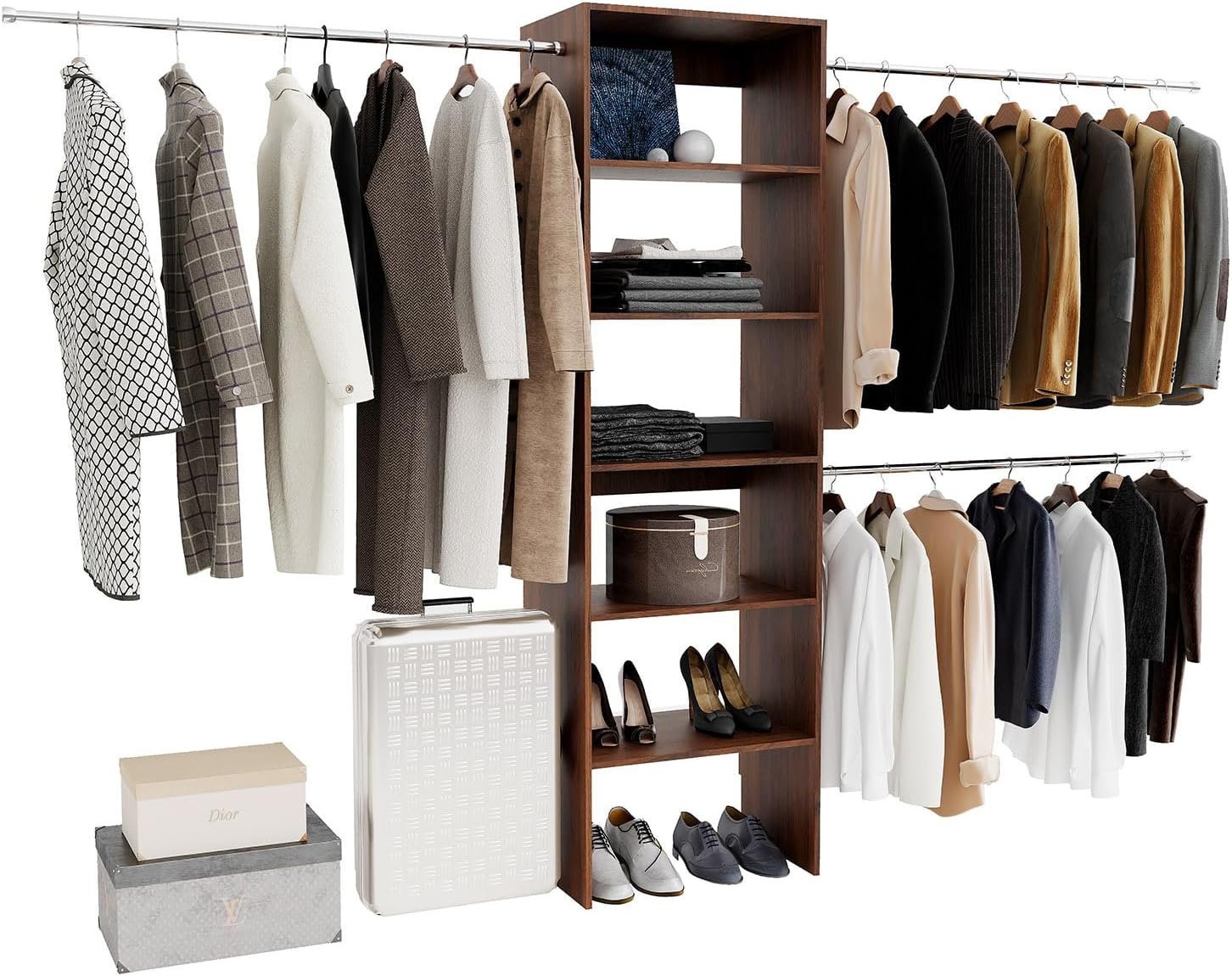 117 inch Large Wall-Mounted Closet Organizer with 5 Storage Shelves and 3 Hanging Rods – Open Wardrobe System (walnut)