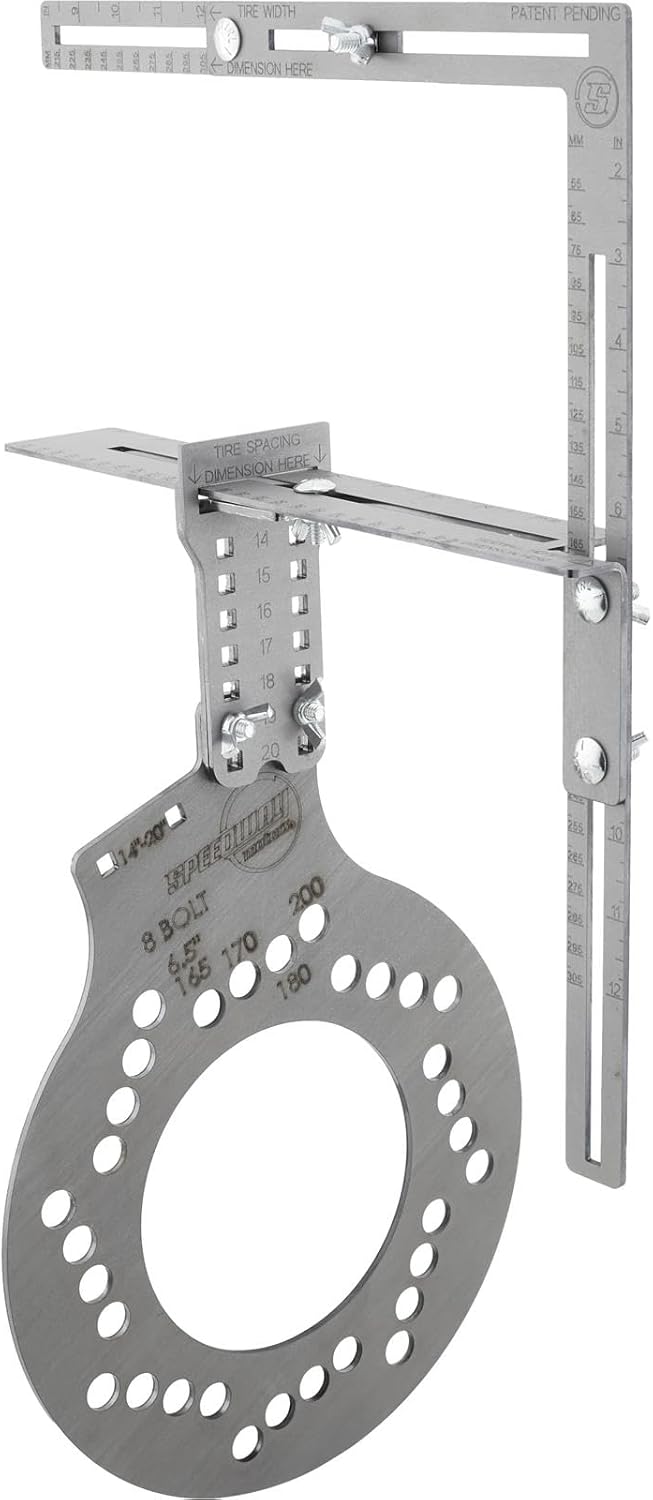 Speedway Motors WheelWise™ 8-Lug Wheel Fitment Tool with Tire Size Attachment, Simulates 14-22 Inch Rim Diameter, 8-14 Inch Tire Width, 2.5-11.5 Inch Sidewall, Laser Cut Steel