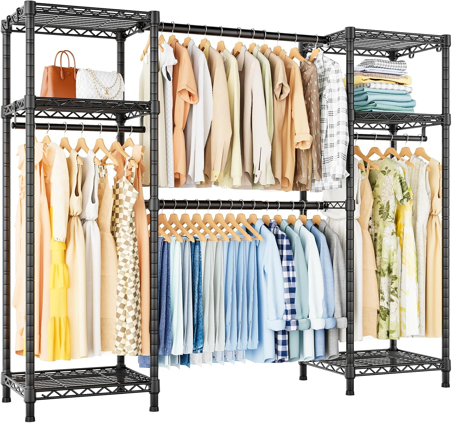 Ulif E7 Garment Rack, Heavy Duty Clothes Storage System with Extendable Hangers Rods, Metal Clothe Rack with 6 Wire Shelves, (52.3