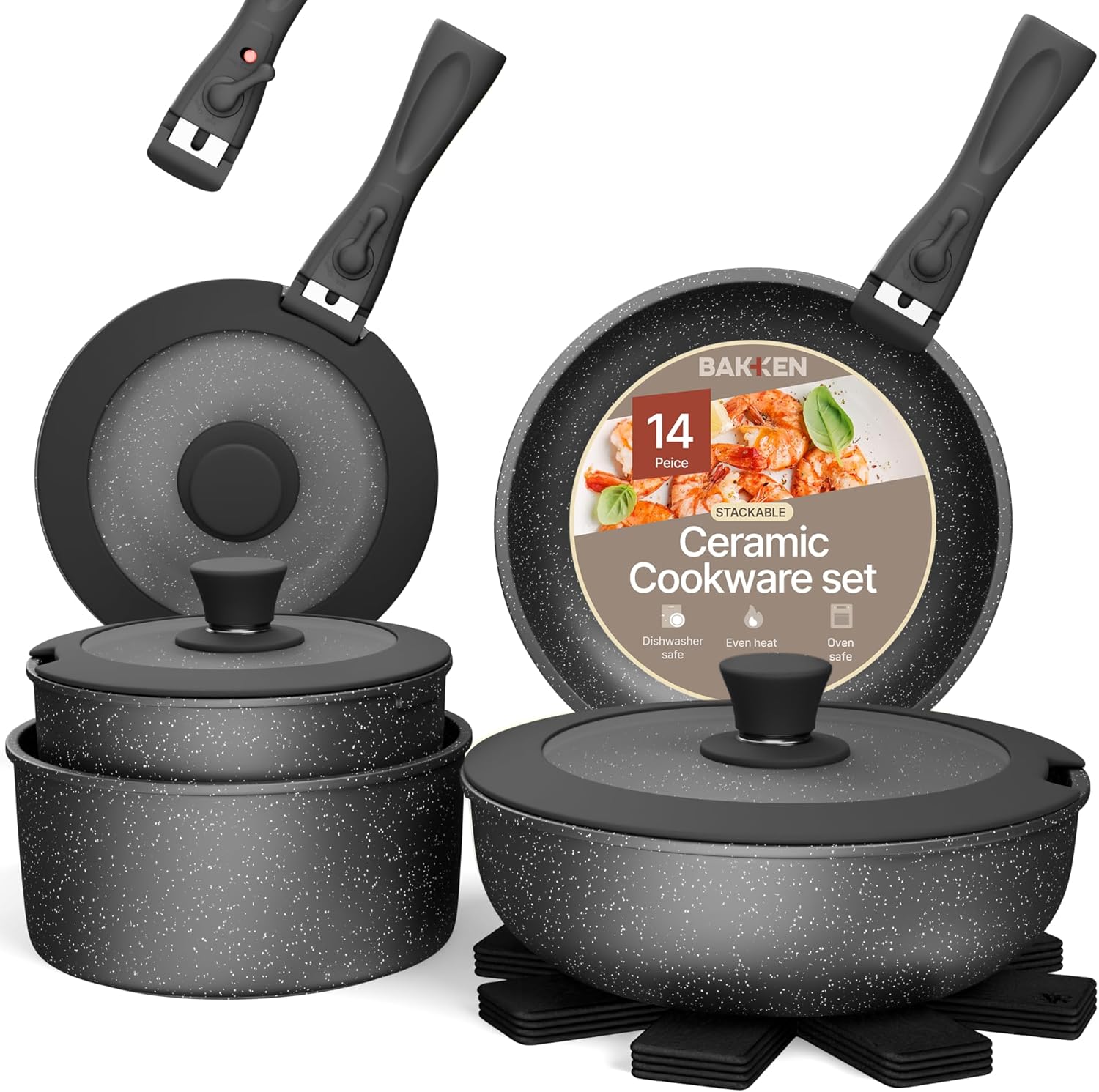 Pots and Pans Set Non Stick Ceramic-Granite – 15-Piece Cookware with Detachable Handles, Stackable Space-Saving, Dishwasher Safe, Stain-resistant, Oven & All-Stove Safe, Tempered Glass Lids, Green