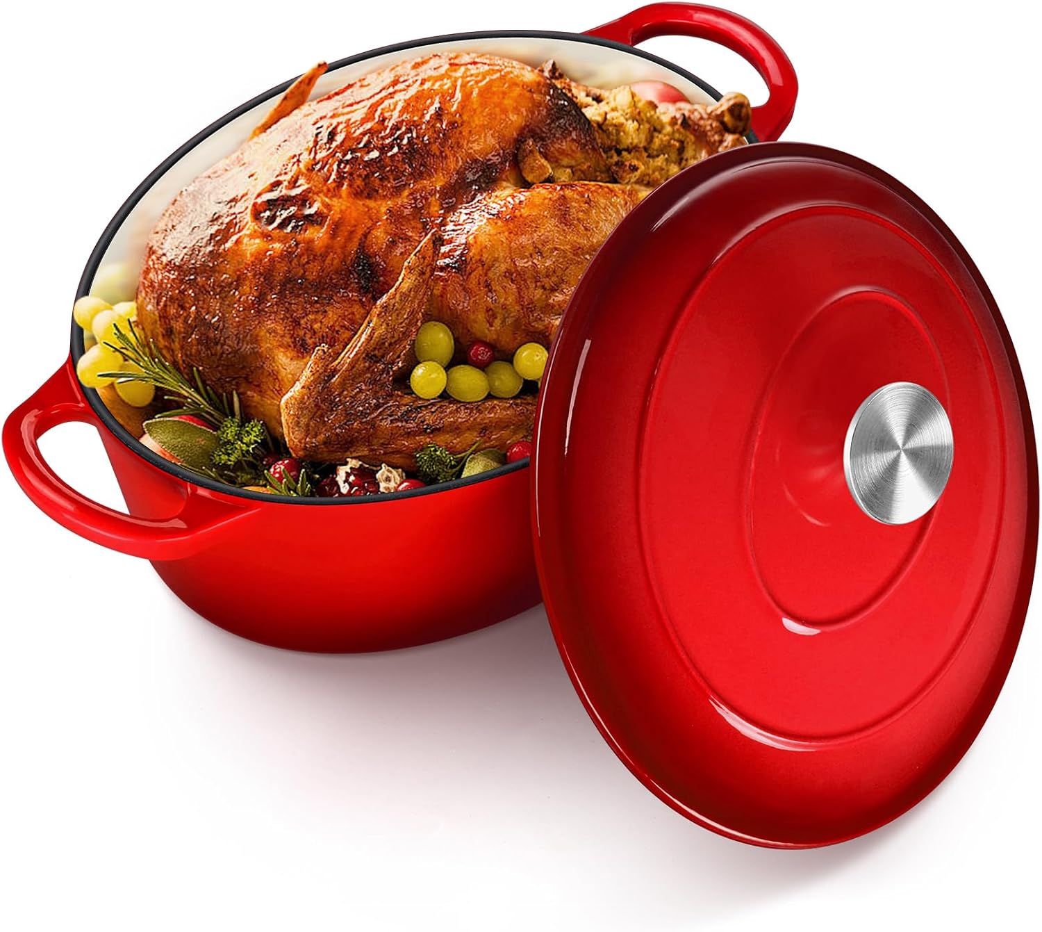 HaSteeL Oval Cast Iron Dutch Oven, 7 QT Enamel Deep Pot with Lid, Non Stick Casserole Cookware for Sourdough Bread Baking, Braising, Simmering, Poaching, Slow Cooking, Stewing, Frying, Heavy Duty, White