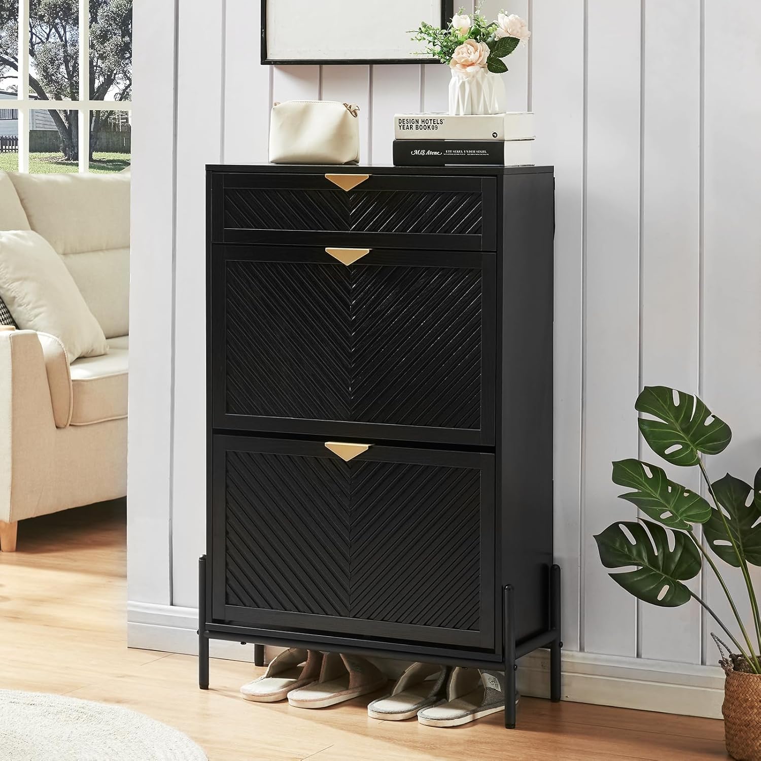 VIPLUMI Shoe Cabinet Storage with 2 Flip Drawers, Narrow Hidden Shoes Organizer Cabinet for Entryway, Freestanding Slim Shoe Rack Front Door Entrance(Black)