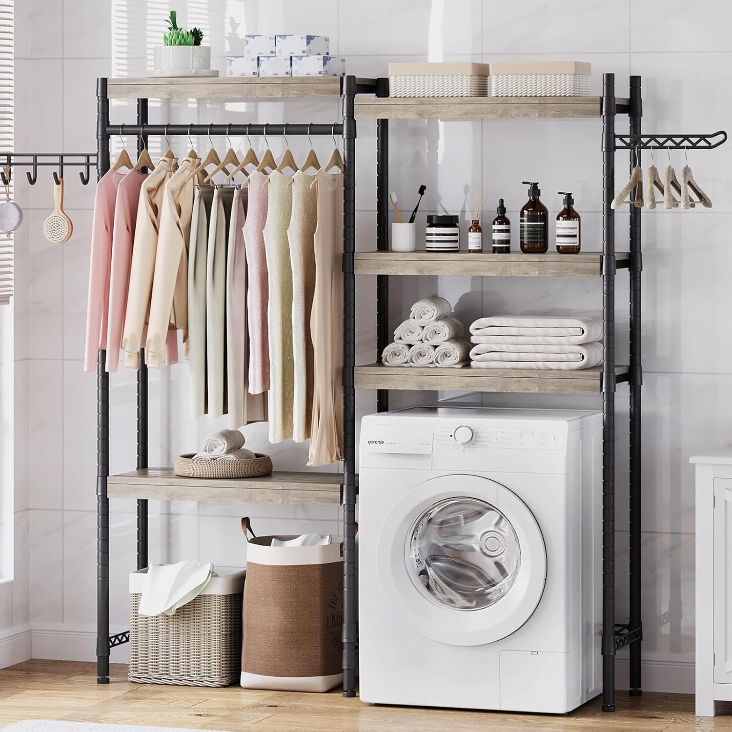 Over Washer and Dryer Storage Shelves, 5 Tiers Laundry Room Storage and Organizer Standing Shelf, Metal Washer Dryer Shelf Freestanding Clothes Drying Rack, Space Saving, 63