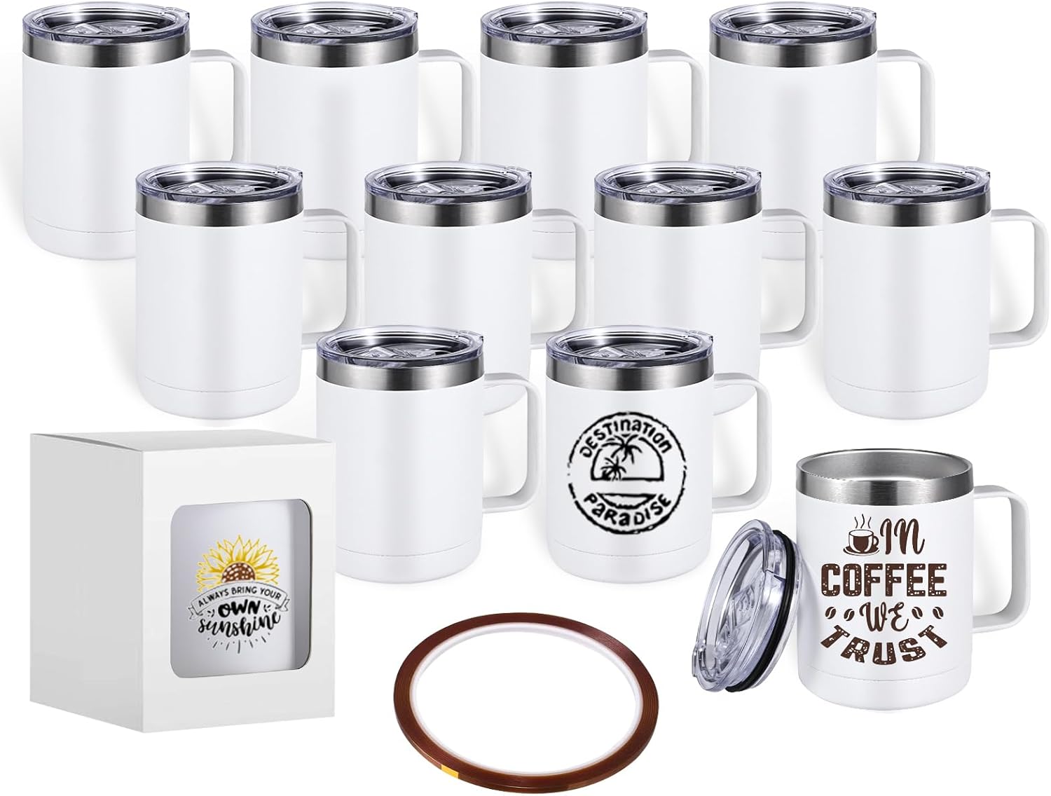 12 Pack 12 oz Sublimation Mug with Handle, Stainless Steel Vacuum Insulated Cup with Leakproof Sliding Lid and Heat Resistant Tape Thermal Coffee Mug, Matte White