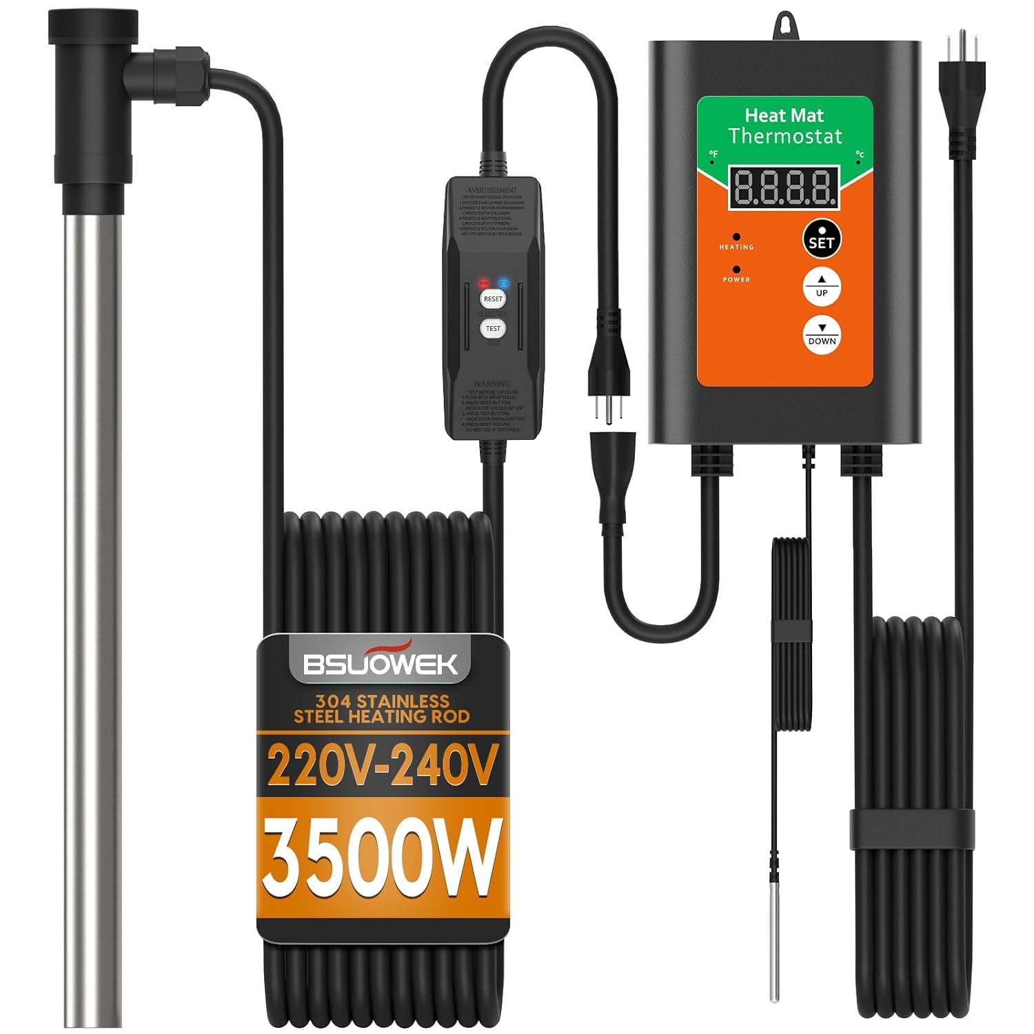 3500W 240V Fully Submersible Portable Electric Immersion Large Pool Water Heater Waterproof Hot Tub Heater with Leakage Protection & Thermostat, for Baptistry, Swimming Pool, Bathtub, Bucket (3500W)