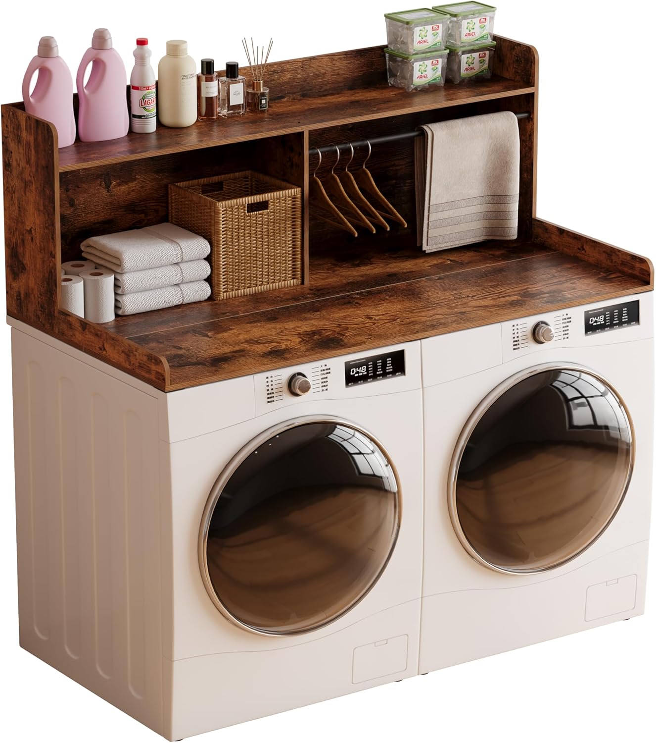 2-Tier Washer Dryer Countertop with Clothes Rail，Laundry Topper with Edge and Non-Slip Pad for Washer and Dryer Laundry Hamper Counter Storage Organization (Rustic Brown, Full)