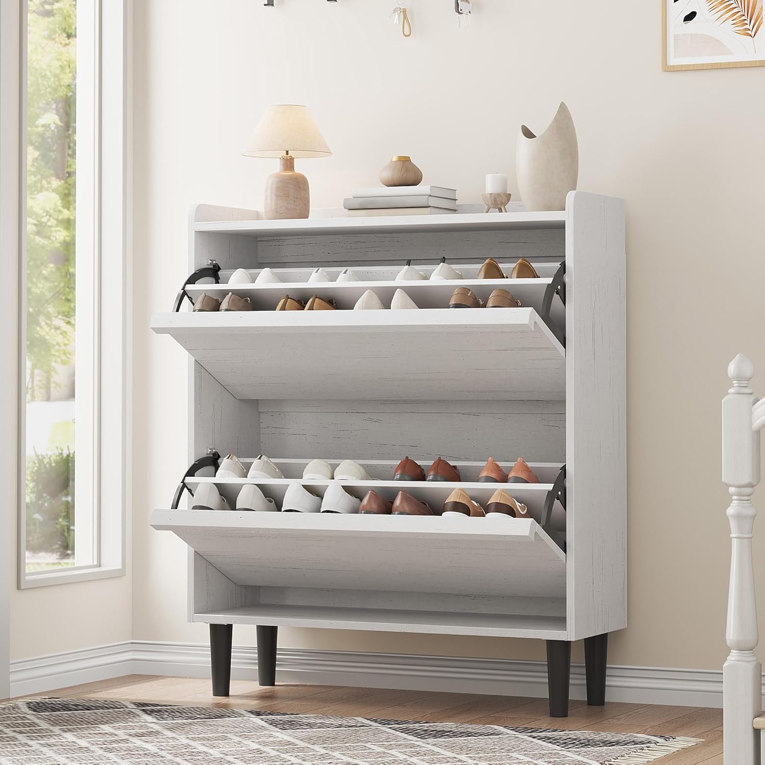 GAOMON Shoe Cabinet with 2 Flip Drawers, Wooden Hidden Shoe Cabinet with Adjustable Shelf, Freestanding Shoe Organizer Storage for Entryway Hallway, Living Room, White