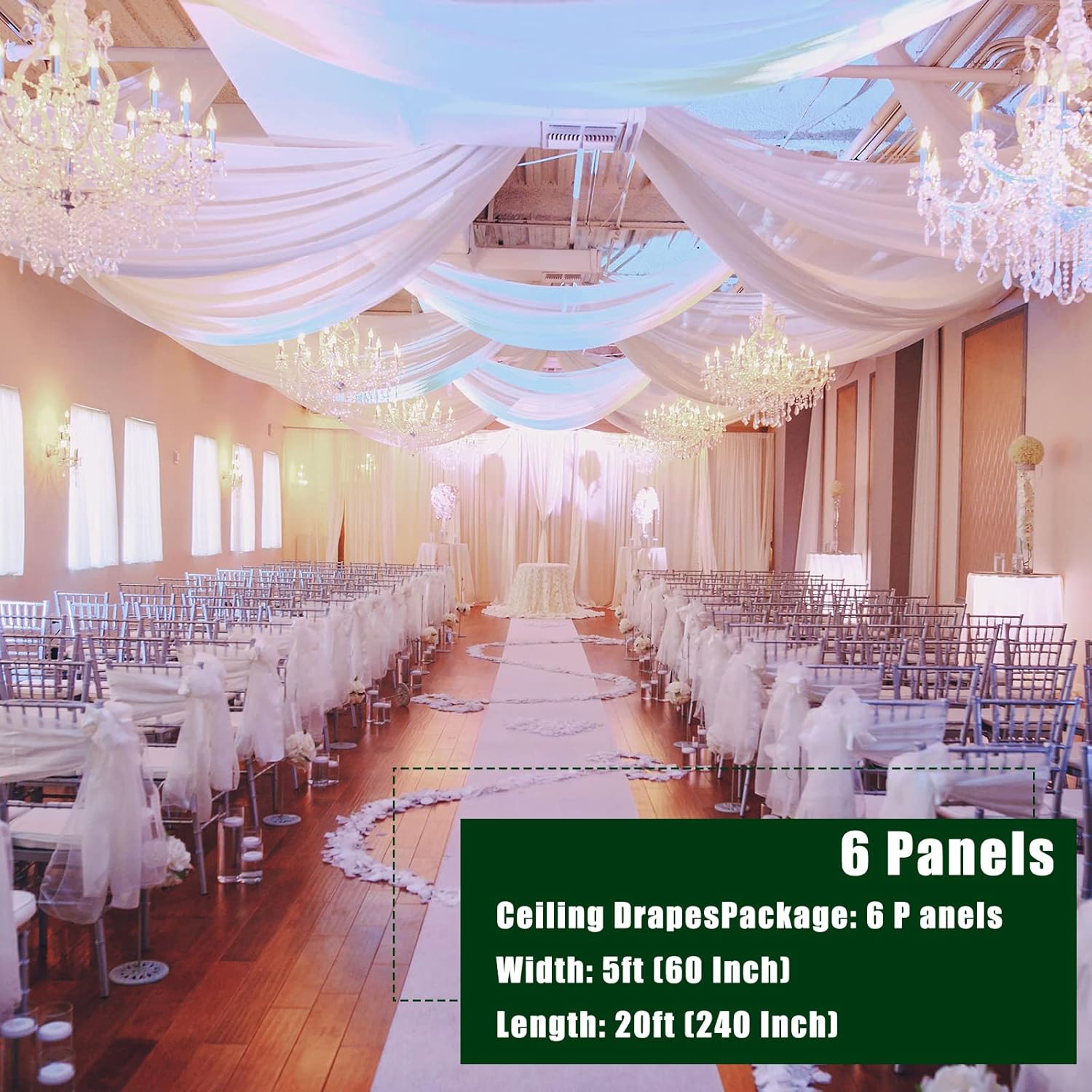 Frienda 6 Pieces White Wedding Ceiling Drapes 5 ft x 20 ft Long Chiffon Curtains Fabric White Ceiling Drapes Hanging Kit for Wedding Party Tent Ceremony Stage Swag Draping Decorations