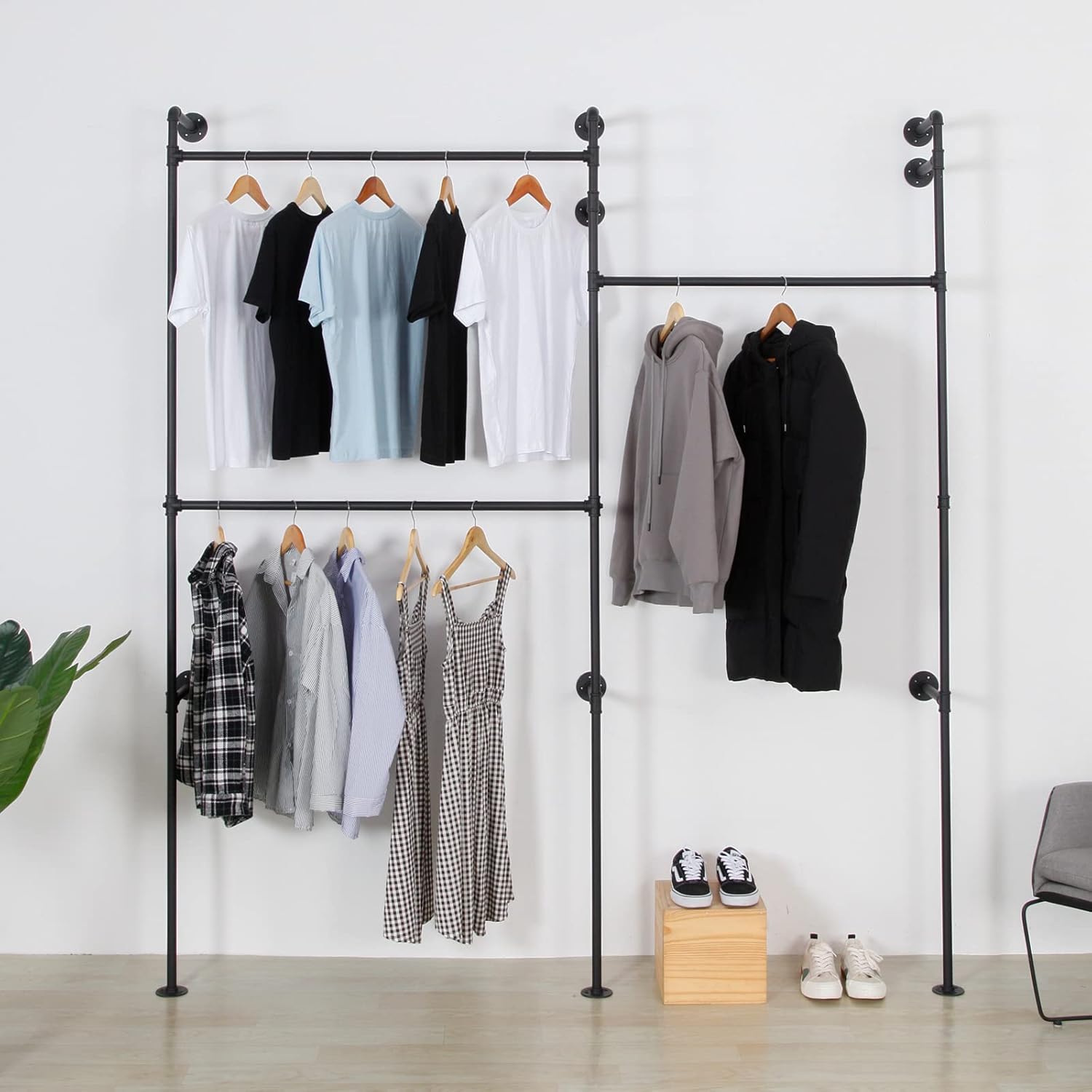 Industrial Pipe Clothing Rack with 2 Shelves, Clothes Rack Wall Mounted Heavy Duty Clothing Store Display Stands Garment Rack Closet System(Black, 96.5x80.7inch)