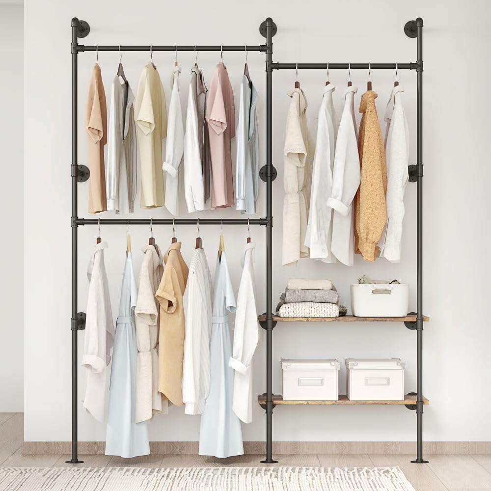 Industrial Pipe Clothes Rack,Wall Mounted Closet Wardrobe Rack, Corner L Shaped Walk-in Closet System, 2 Installation Methods (Black, 80