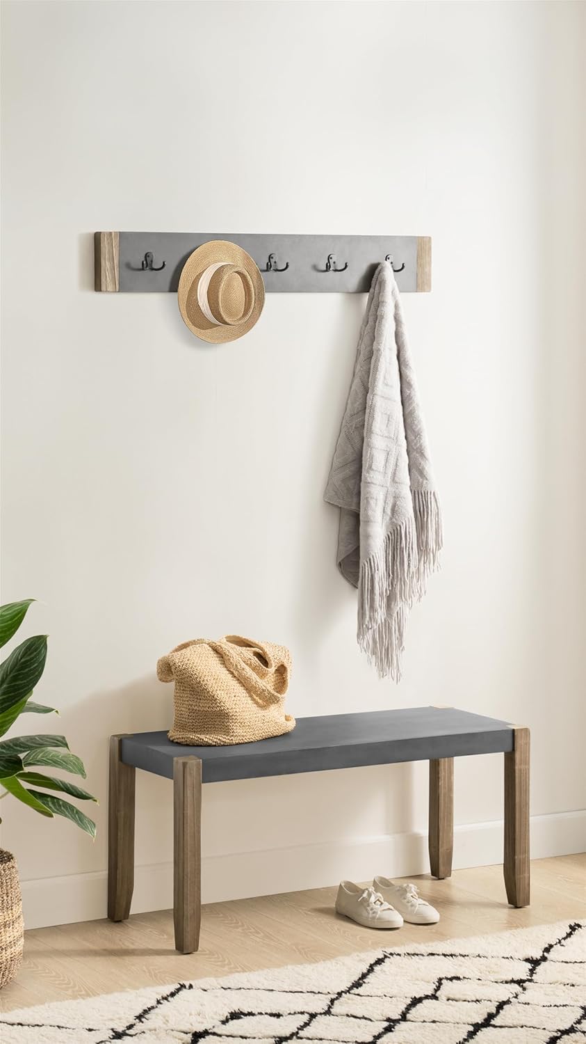 Alaterre Furniture Newport Modern Coat Hook with 5 Double Hooks, Rustic Industrial Style, Concrete Gray with Light Wood Finish, 40 in. W x 1 1/2 in. D x 6 in. H, Easy to Assemble