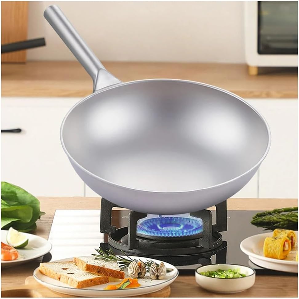 Pure Titanium Wok, Uncoated Non-Stick Pan Frying Pan Household Round Bottom Titanium Pot Gas Cooker Gift Silver(30cm)