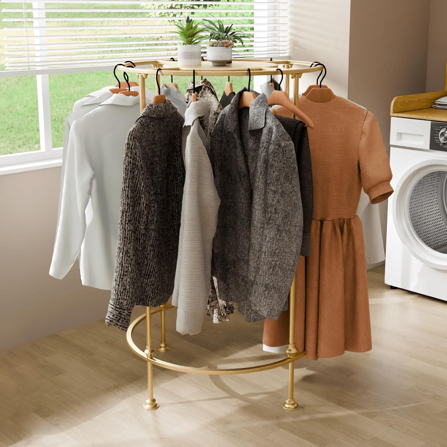 Round Garment Rack,Freestanding Clothes Hanging Rack,for Shopping Malls Retail Bedroom (Gold)