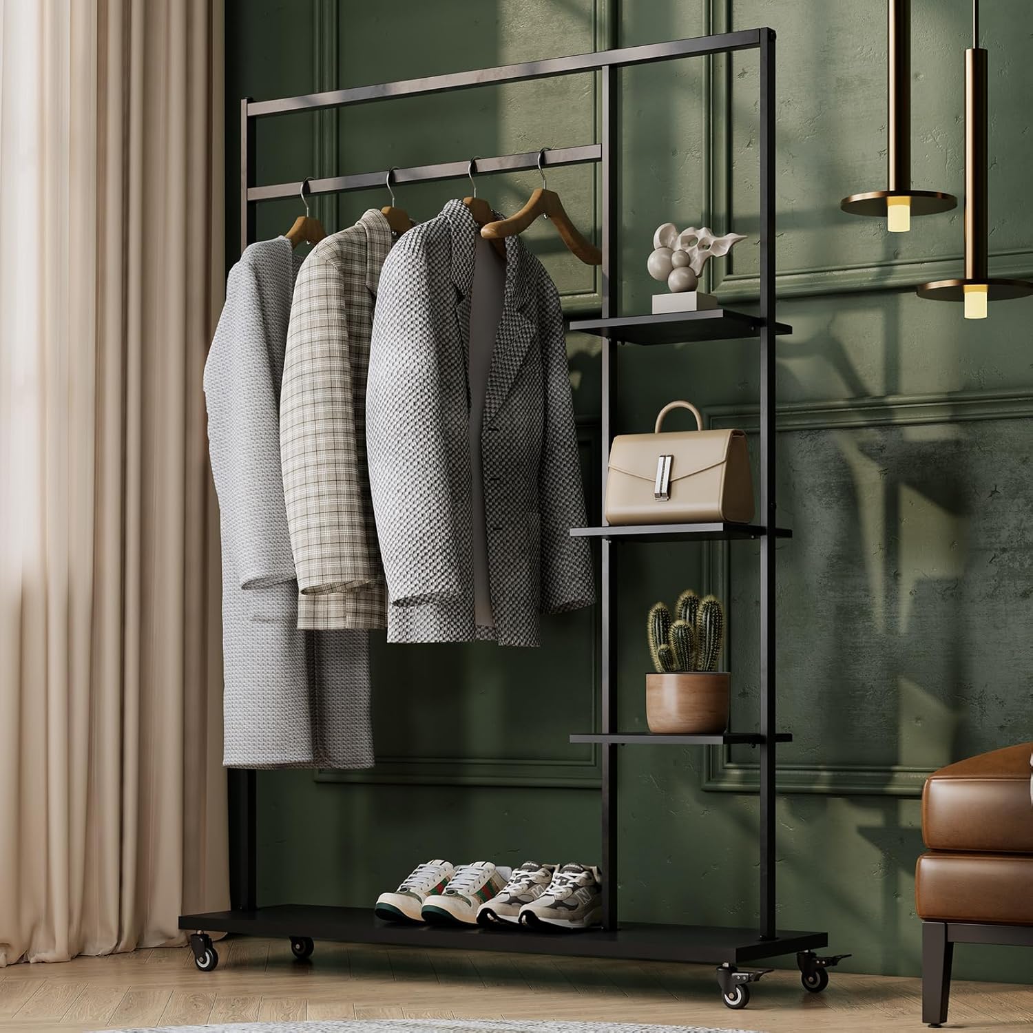 Clothing rack with shelves,Heavy Duty clothes rack with wheels,Rolling Garment Rack for hanging clothes with 4 flank Shelves,Metal Closets wardrobe rack for Bedroom/Boutique/Cloakroom