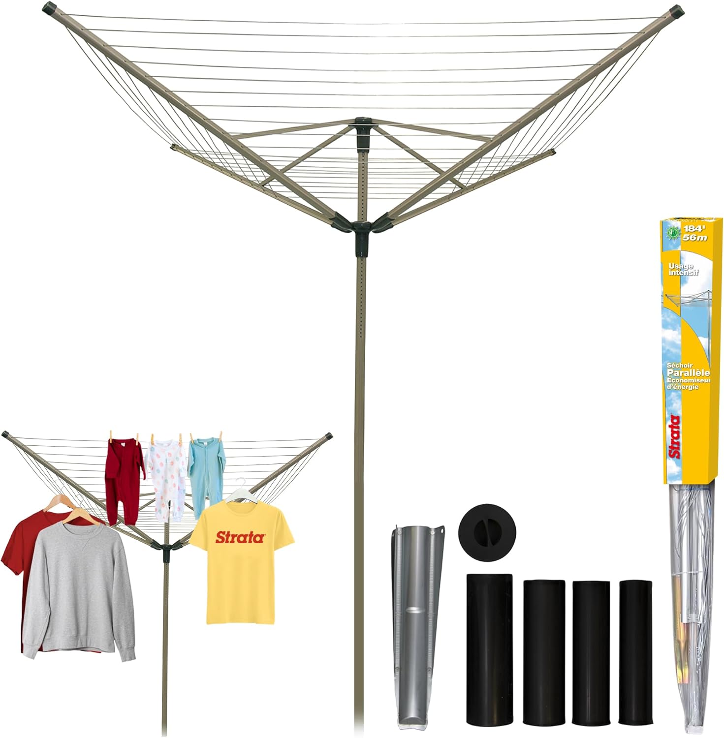 Strata 184 FT Umbrella Clothesline Outdoor - Clothes Line Outdoors Heavy Duty Parallel Silver Aluminum Frame with Ground Spike & Socket - Clotheslines for Outside Laundry Drying, Washing Line