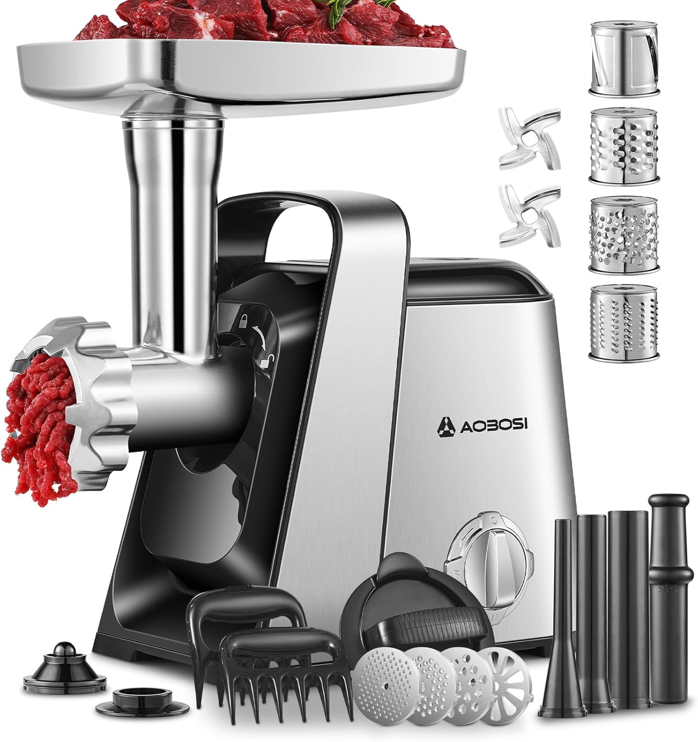 AAOBOSI Meat Grinder Electric, [3000W Max] Meat Grinder Heavy Duty with 2 Stainless Steel Blades & 4 Grinding Plates, Sausage Maker & Kibbe Kit for Home Kitchen Using