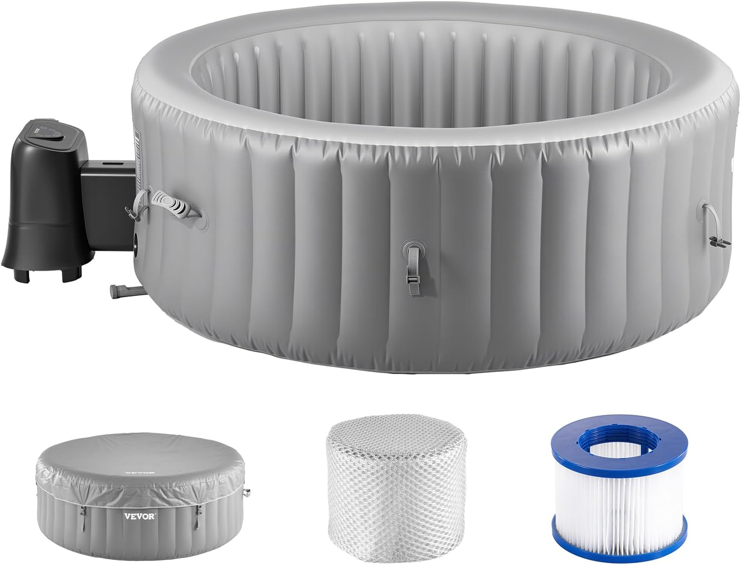 VEVOR Inflatable Hot Tub, 2 to 4 Person Capacity, 70.9 x 26 in Round Portable Outdoor Spa, with 110 Soothing Jets, Filter, Cover and Mat, Multi-Function Control Panel, PVC Outdoor Hot Tub, Grey