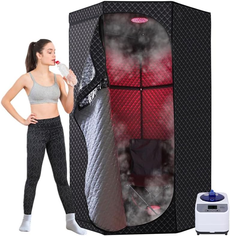 Portable Steam Sauna 1350W, Home Sauna with 3L Steamer with Smart Remote Control Dual-Zip Design Transparent Ventilation Window Red Light Therapy 9-Speed Adjustment A