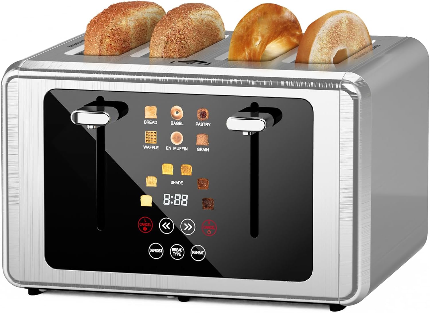 Touch screen Toaster 2 slice,Stainless Steel Digital Timer Toasters with Sound Function,6 Bread Types & 6 Shade Settings,Smart Extra Wide Slots Toaster with Bagel,Defrost Functions