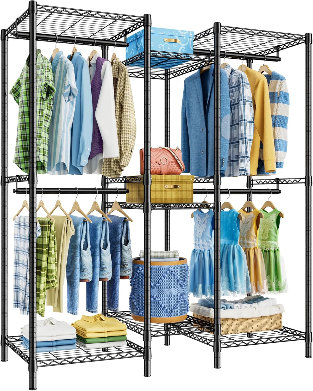 K2 Clothes Rack Heavy Duty Clothing Rack, Freestanding Clothing Rack for Hanging Clothes, Clothes Organizers and Storage, Portable Closet with 7 Shelves 4 Hanging Rods, 15.7