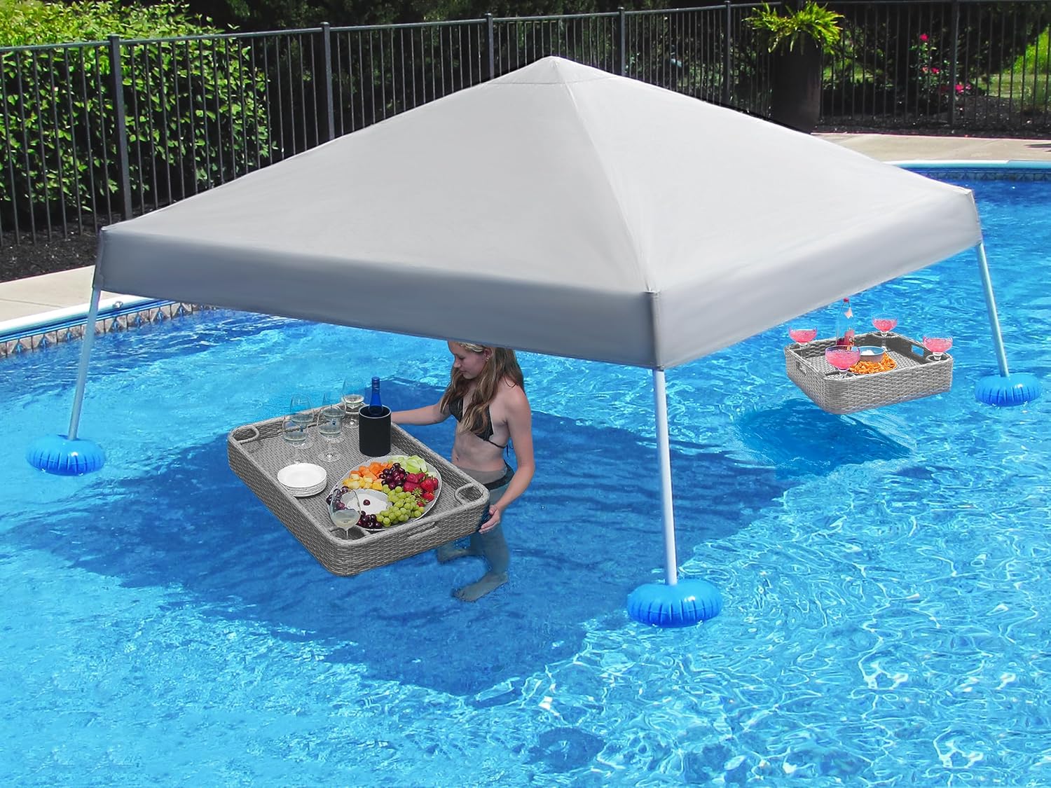 Sunjoy Floating Pool Canopy with Add-on 24x24 in. Wicker Floating Tray, Grey