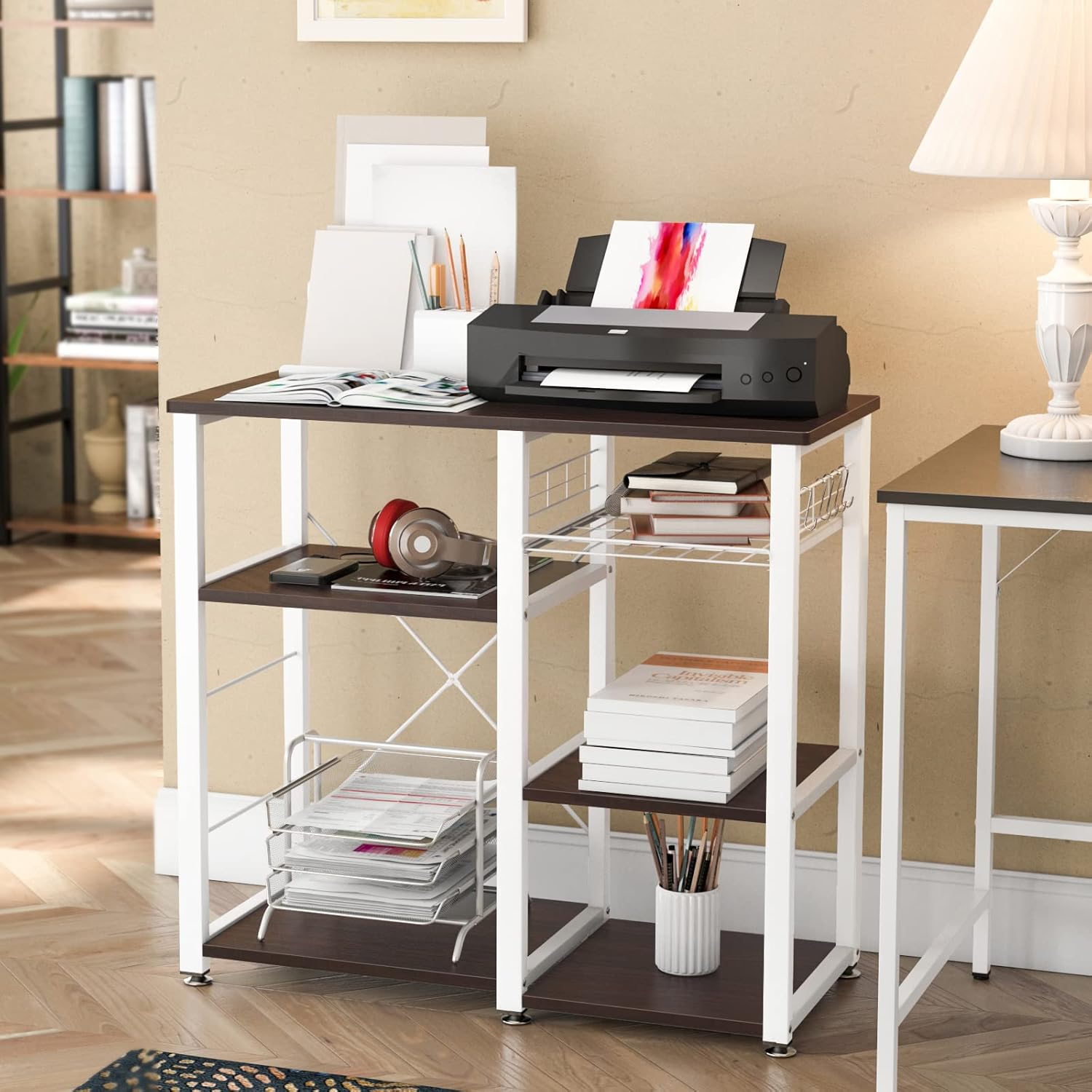 SogesGame 3-Tier Baker's Rack, Kitchen Utility Microwave Oven Stand Storage Shelf with Hooks Multifunctional Workstation for Kitchen, Living Room and Corridor,White