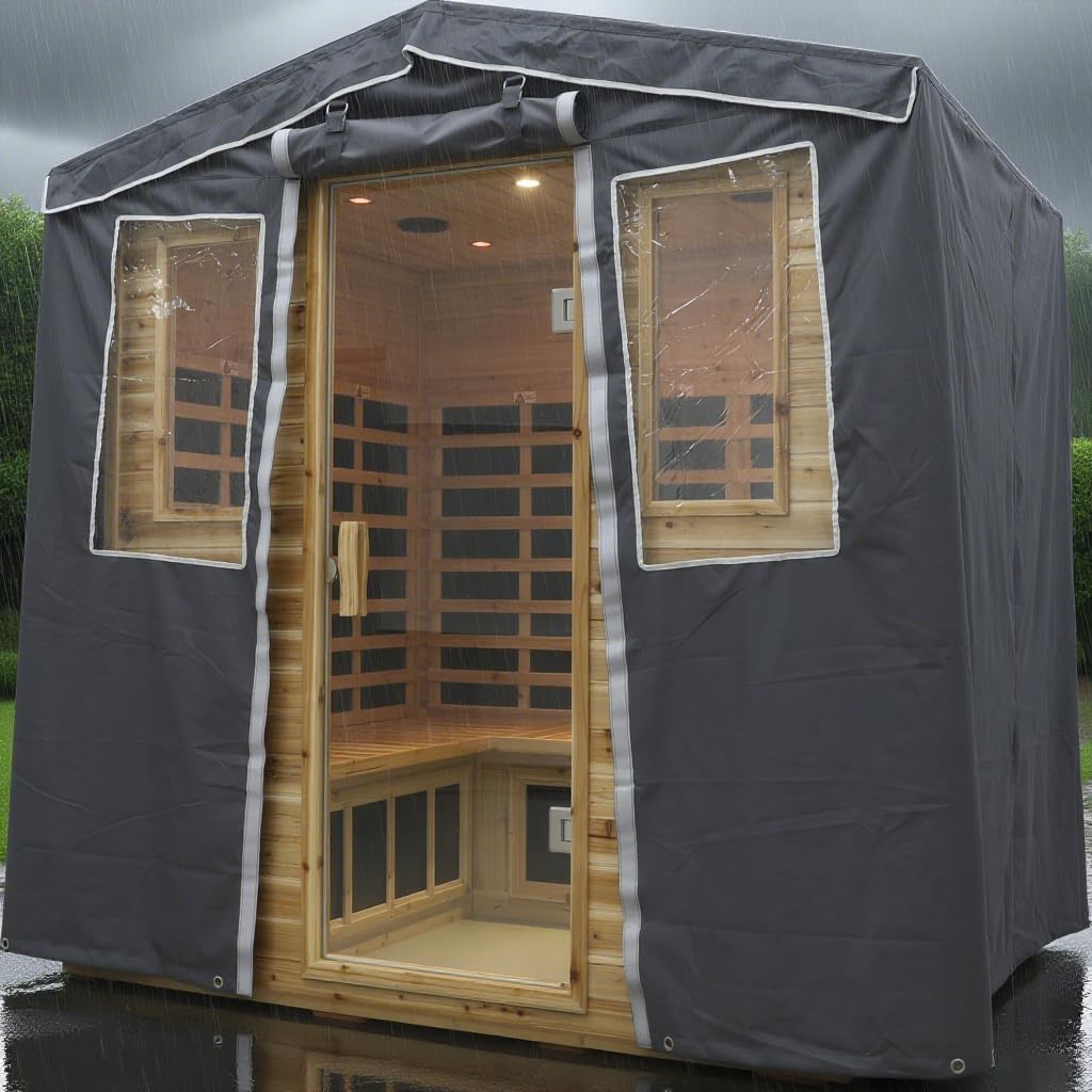 Protective Cover for 4 Plus/5-Person Outdoor Sauna - 3-Layer Oxford Cloth, Hook & Loop Roll-Up Door, Temp Retention & Dustproof - (Only Fits 81.1*60.6*83.5 In & Smaller Outdoor Hillside Roof Saunas)