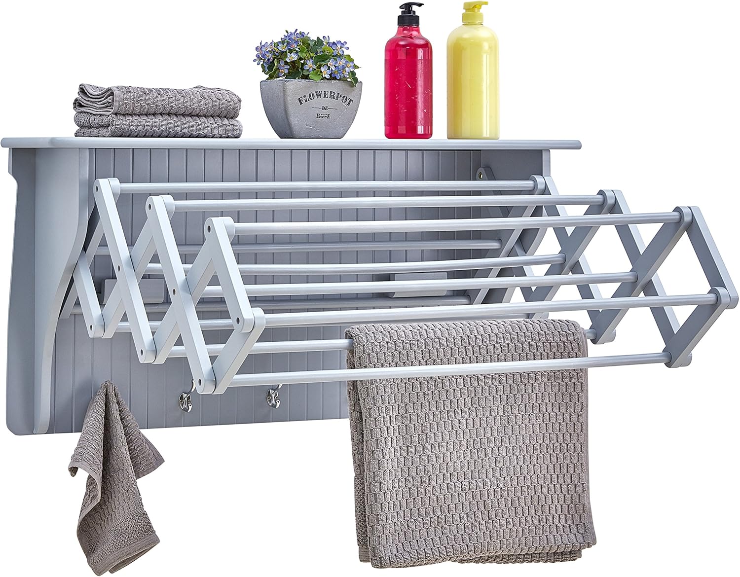 Danya B Accordion Clothes Drying Rack, Retractable, Wall Mounted Towel Rack and Hooks for Clothes and Towels for use in Laundry Room or Garage (White)