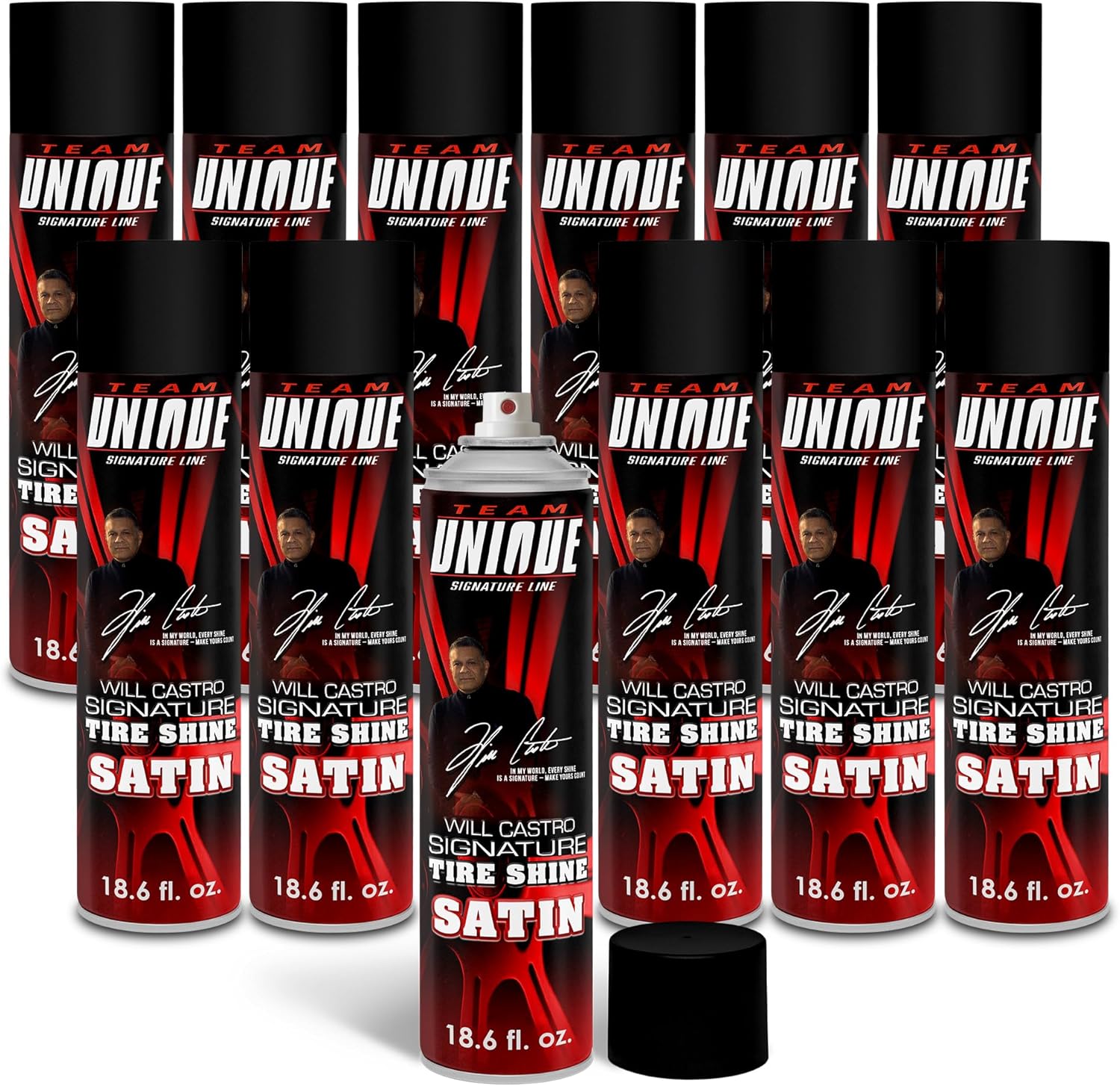 TEAM UNIQUE Tire Shine Satin – 18.6 Fl Oz (550mL) Pack of 12 | Advanced Formula for a Lasting Satin Sheen | Protects Tires from Cracking and Fading | Non-Greasy, Low-Sling Spray