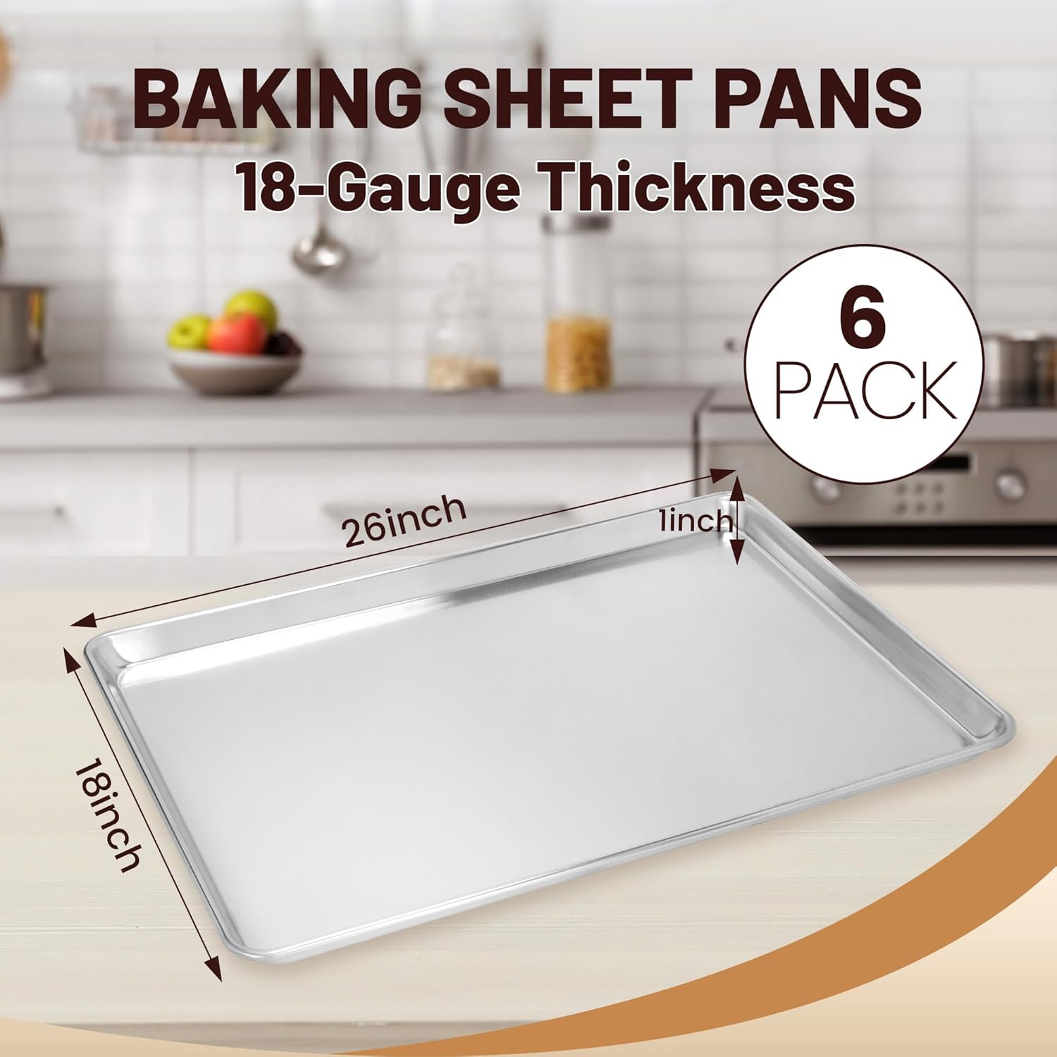 6 Pack Full Size Baking Sheet Pan Aluminum Commercial Pan for Oven Freezer Bakery Hotel Restaurant 18