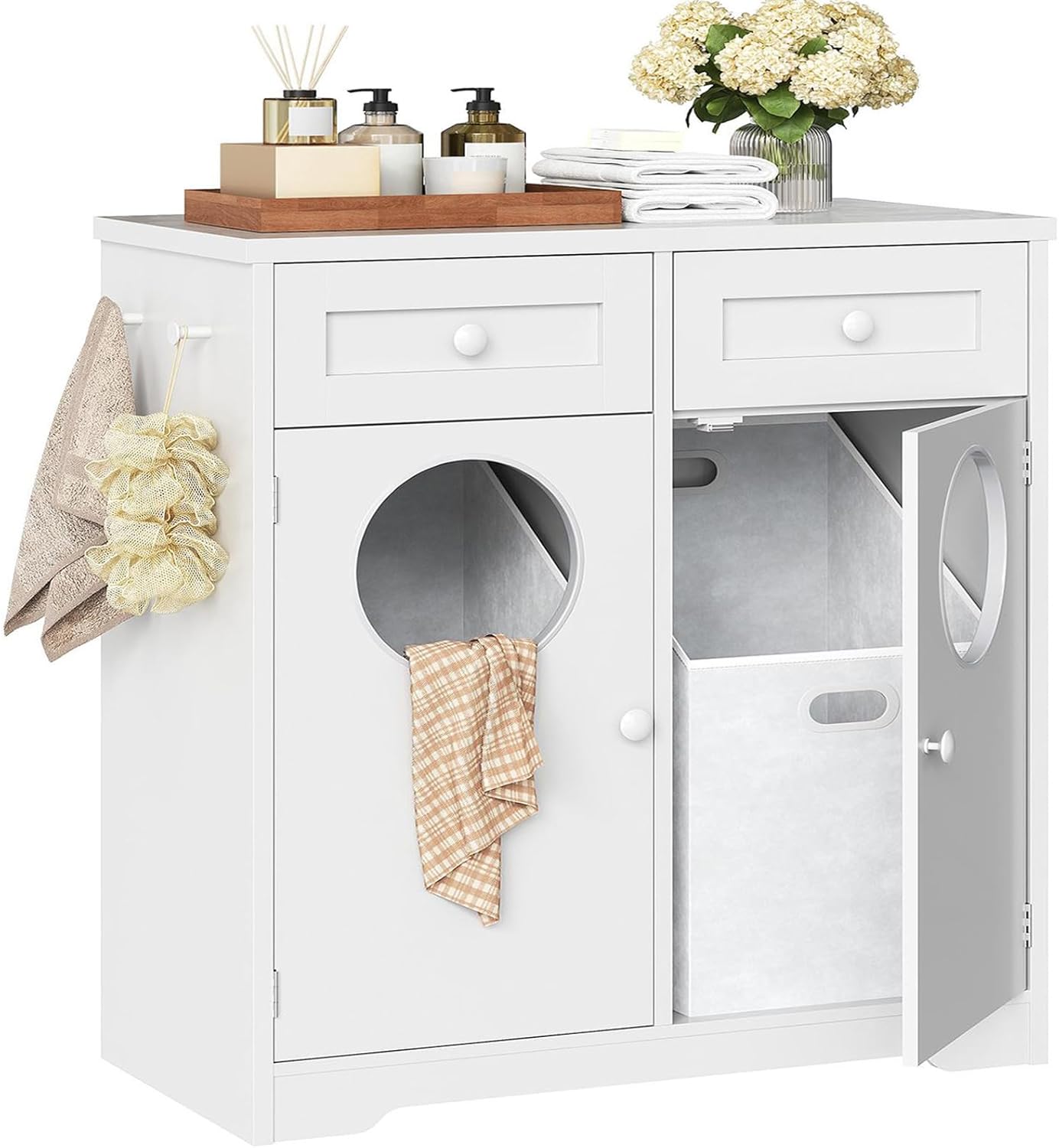 HOOBRO Double Laundry Hamper Cabinet, Hidden Laundry Cabinet with 2 Drawers & 2 Baskets, 20 Gallon Farmhouse Bathroom Laundry Hamper with 2 Clothes-Toss Holes, White and Dark Walnut WHZ36XY01
