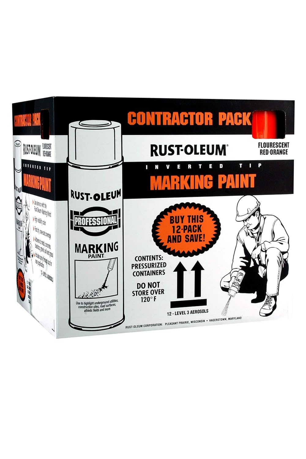 Rust-Oleum P2558852 15-Ounce Spray Paint Marking Paint Contractor, Fluorescent Red-Orange, 10.67 Fl Oz (Pack of 12)