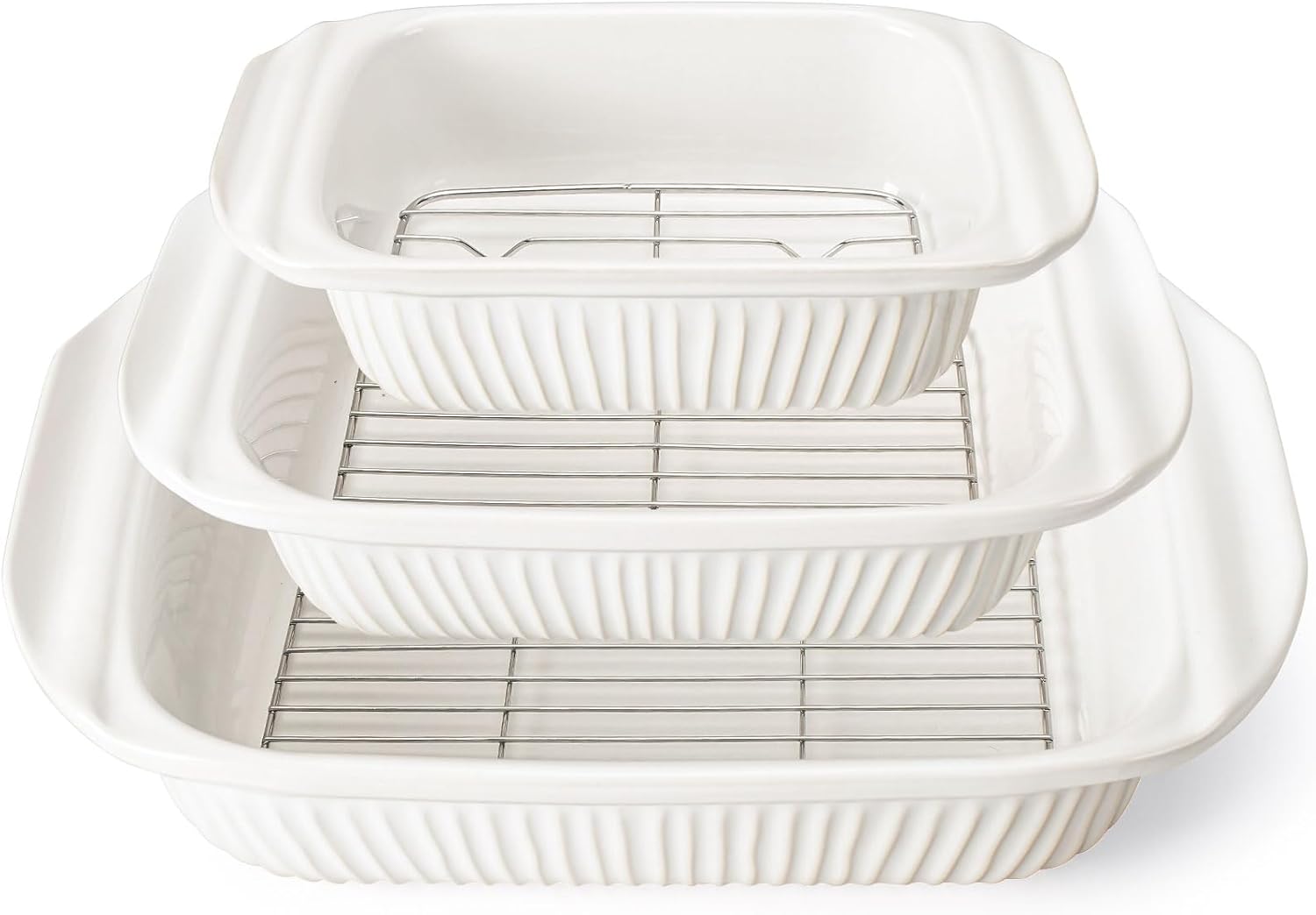 Artena Casserole Dishes For Oven, Ceramic Baking Dish, Large Lasagna Pan With Handles, Baking Pan Casserole Dish, Rectangular Bakeware Deep, White, Set Of 3 (5.1Qt/2.3Qt/1.1Qt) (Baking Dish With Rack)