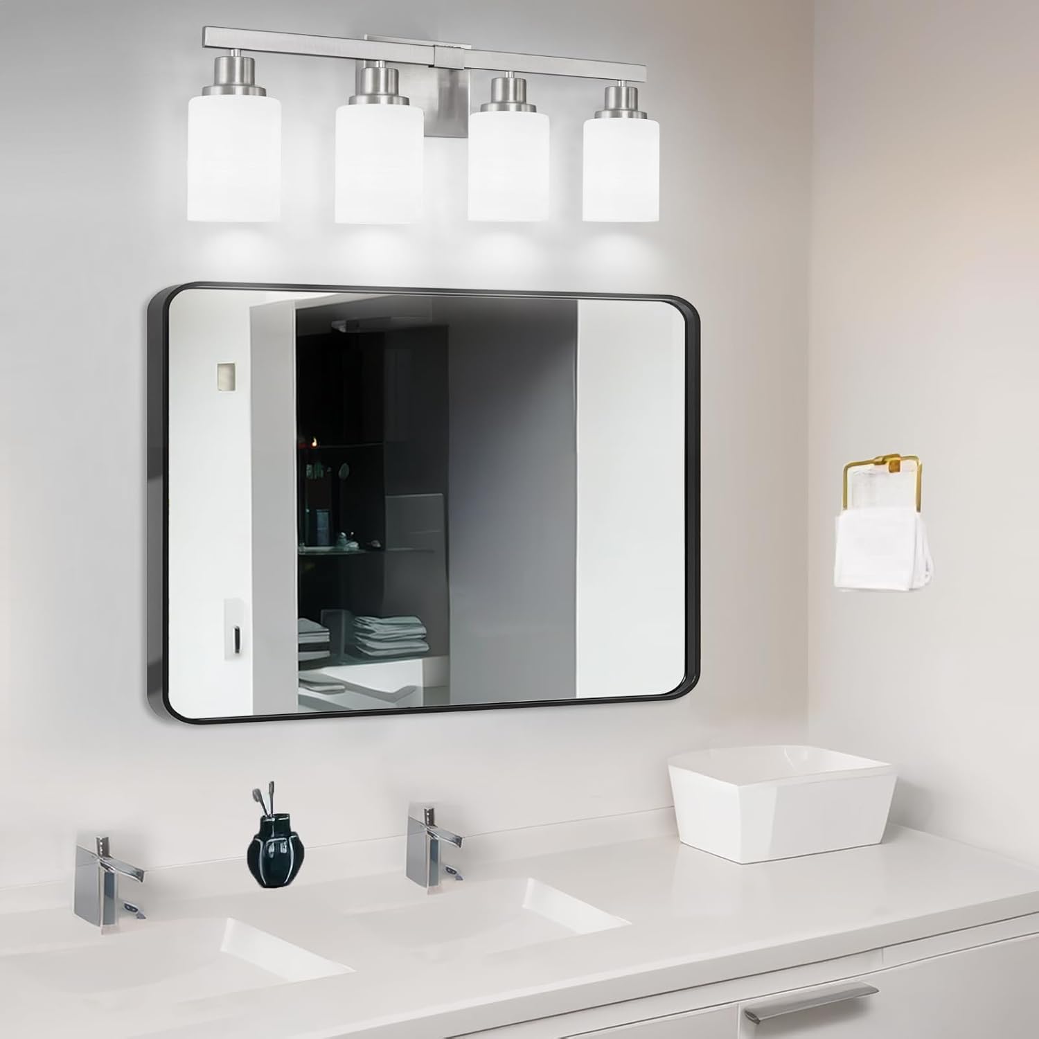 Bathroom Vanity Light, 4-Light Nickel Modern Bathroom Light Fixtures with Milky White Glass Shade, Wall Lights,Bath Vintage Wall Mounted Lamps for Mirror Bedroom Living Room Hallway Cabinet