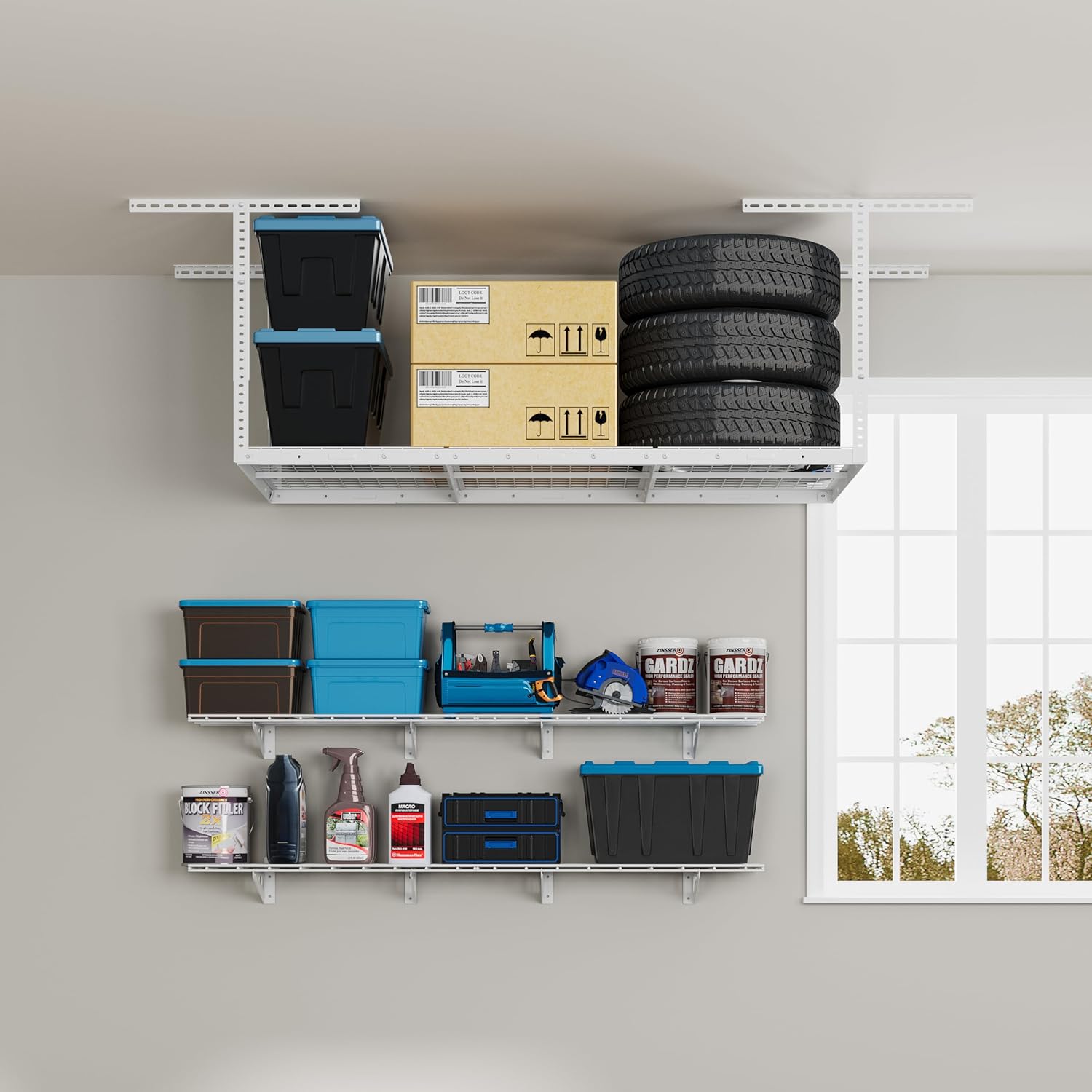 FLEXIMOUNTS 3x6 Overhead Garage Storage Adjustable Ceiling Storage Rack with 2-Pack 1x6ft 12-inch-by-72-inch Wall Shelf, 450lbs+600lbs Capacity,White
