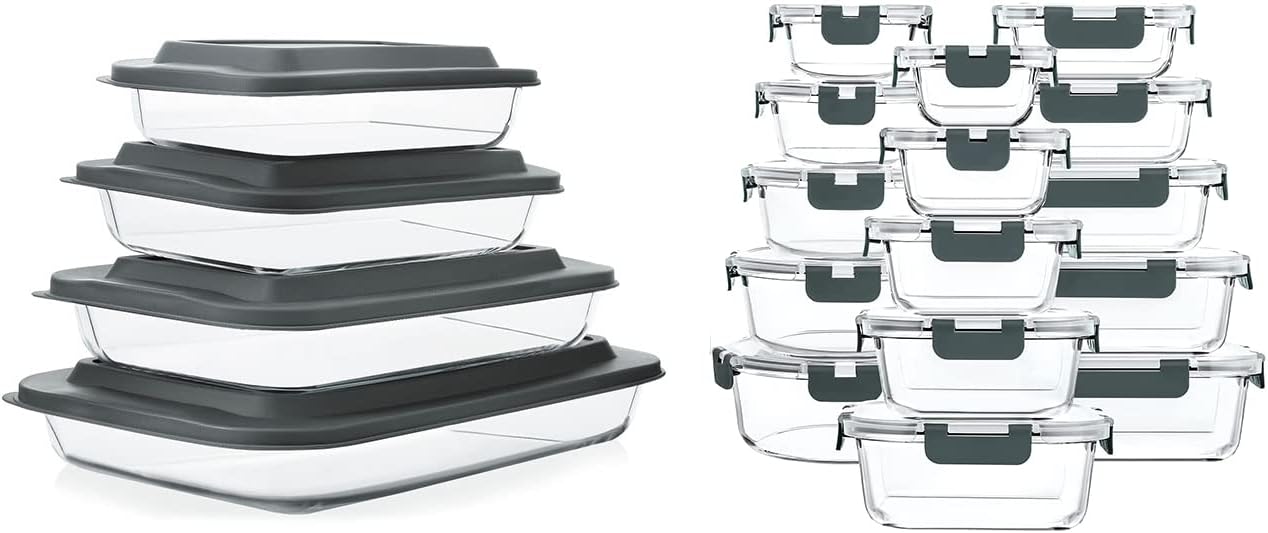 MCIRCO 8 Pcs Glass Baking Dish Set with Lids, 30 Pcs Glass Food Storage Containers with Lids, Fridge, Microwave, Oven, Dishwasher Friendly, For Cooking, Baking