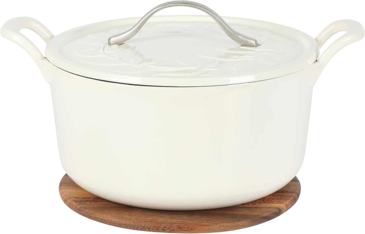 Bloomhouse 7 Qt Cast Iron Dutch Oven W/Embossed Lid, European Enamel, & Walnut Wood Trivet - Oat White