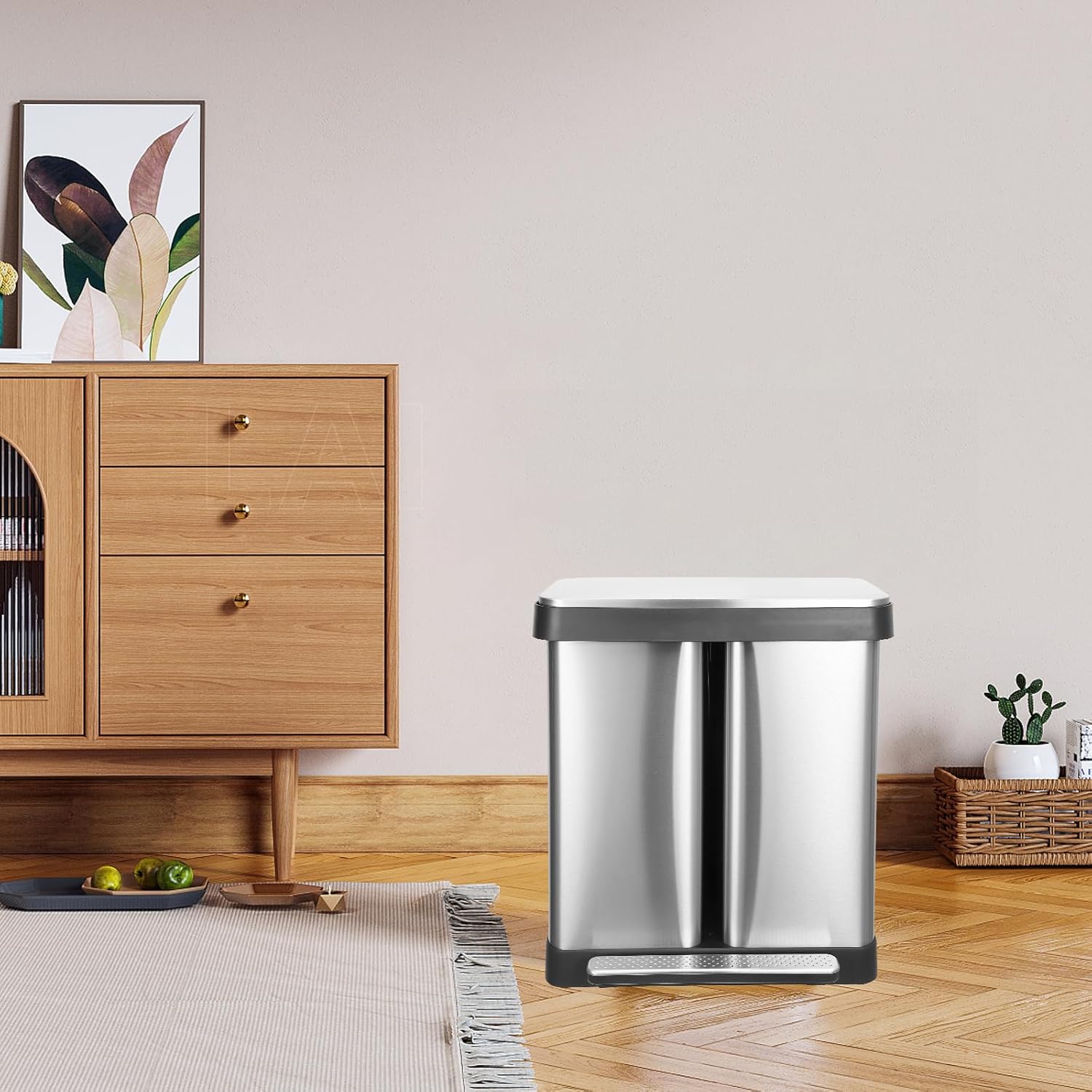 Garvee 16 gal Dual Trash Can, Stainless Steel Kitchen Garbage Can with Soft-Close Lid, Double Compartment Recycle Bin with 2 Removable Inner Buckets and Foot Pedal for Kitchen Home Office