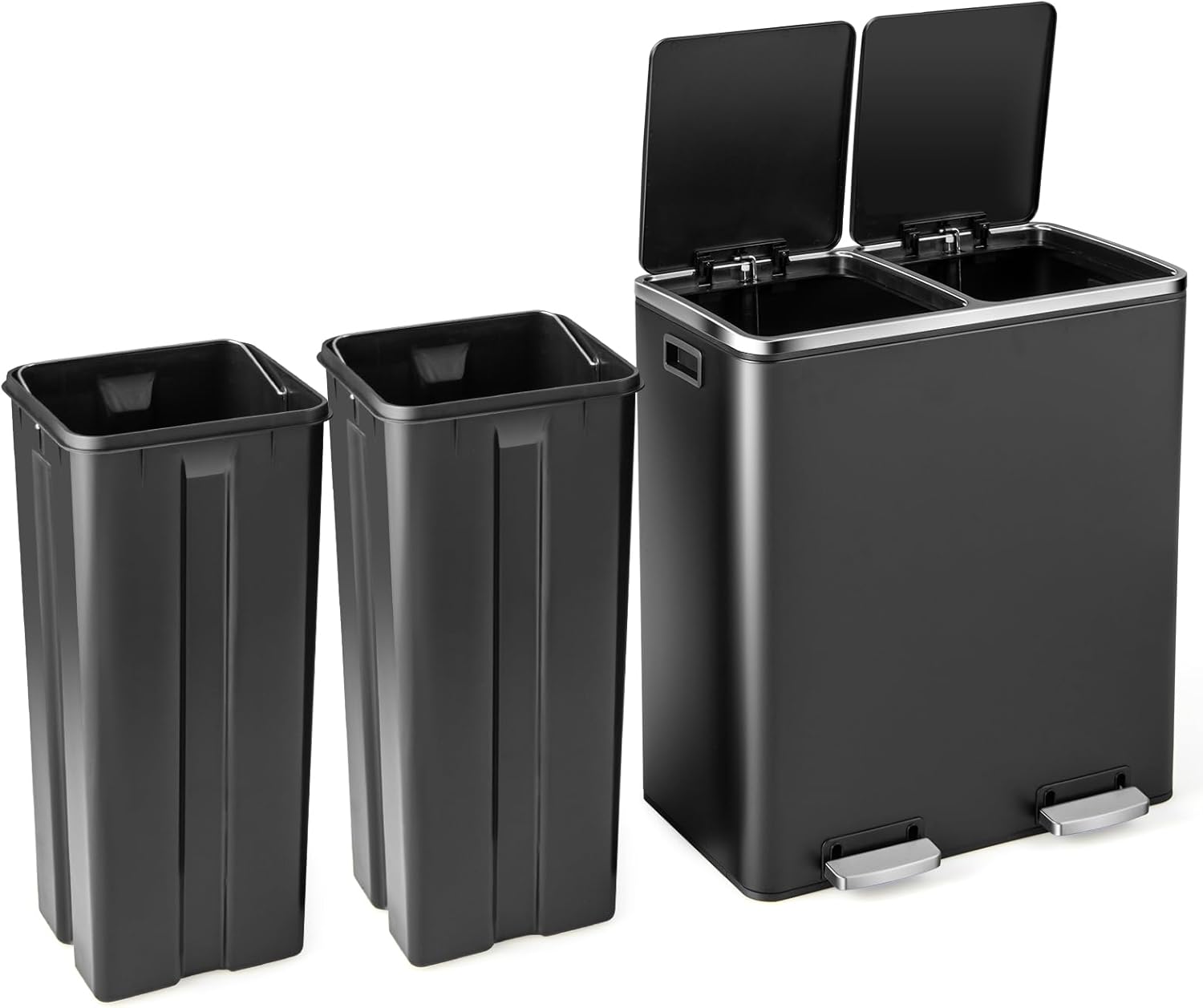 Goplus Dual Trash Can, 60 Liter (2x30L)/ 16 Gallon Stainless Steel Step Trash Can, Rectangular Garbage Bin with Inner Buckets and Hinged Lids, Suit for Kitchen Office Home Use,Black
