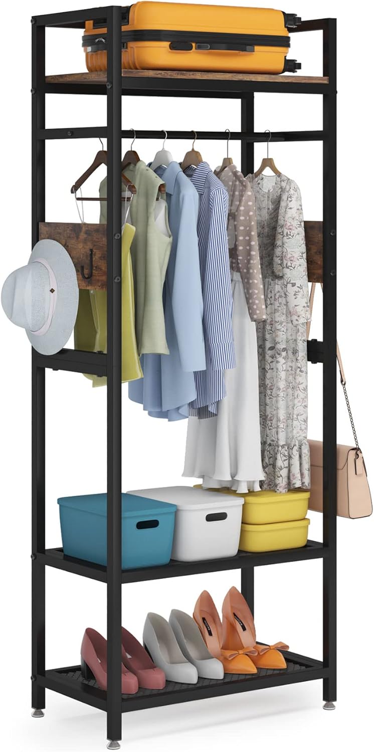 LITTLE TREE Clothes Rack with Shelves, Industrial Hall Tree Garment Rack Small Closet with Shoe Storage