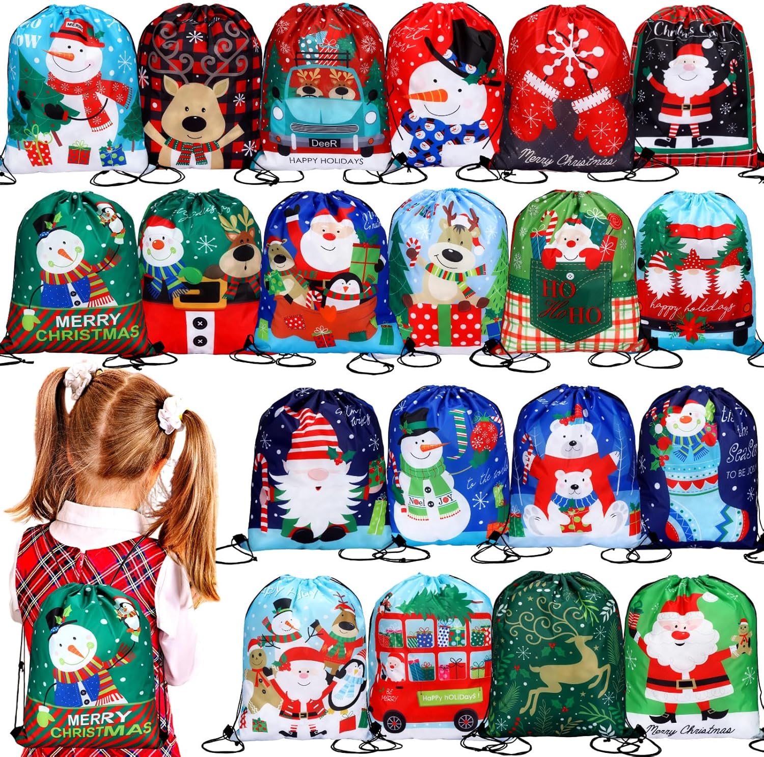 Hosuly 100 Pcs Large Christmas Drawstring Bags String Backpack Bulk Christmas Gift Bags Snowman Santa Goody Bags Backpack Christmas Wrapping Backpack for Home Birthday Party Holiday 16.5 x 13.4 Inch