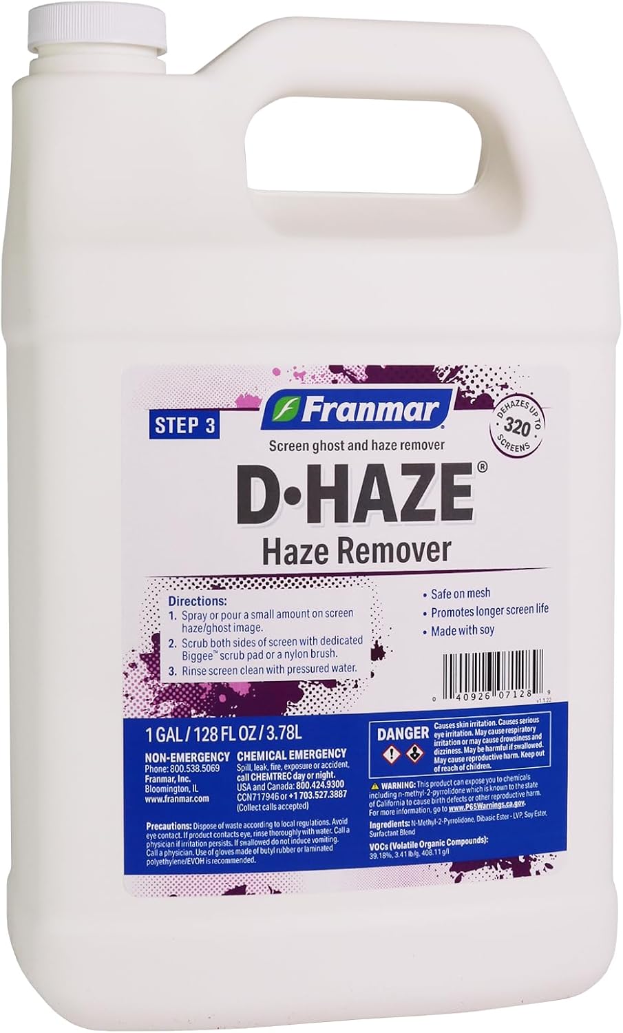 Screen Printing Haze Image Remover - Franmar Haze Remover (1 Gallon / 128oz) - DHaze - Silk Screen Cleaner/Stain Remover