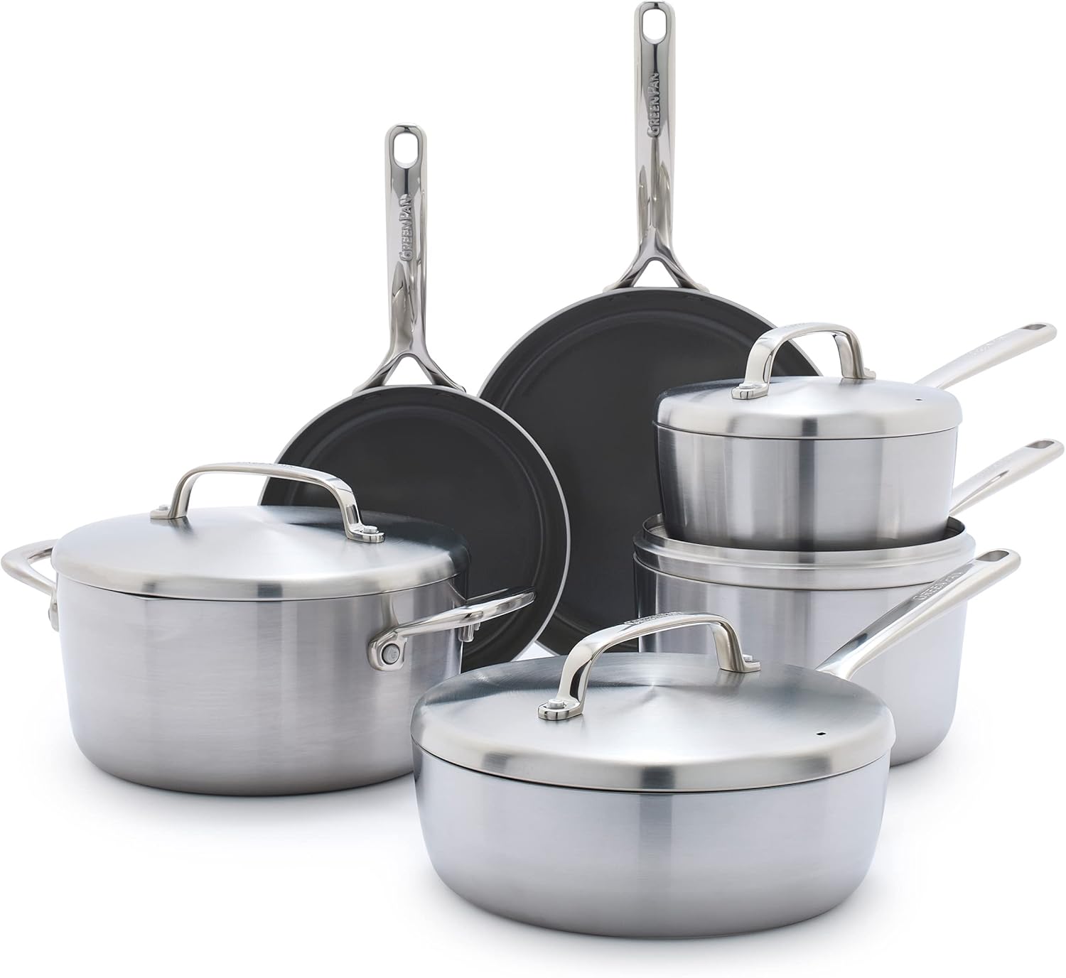 GreenPan GP5 Stainless Steel 5-Ply Healthy Ceramic Nonstick 13 Piece Cookware Pots & Pans Set, Frying Pans, Sauté, Saucepans, Stock Pot, Scratch Resistant, Induction,Dishwasher & Oven Safe, PFAS-Free