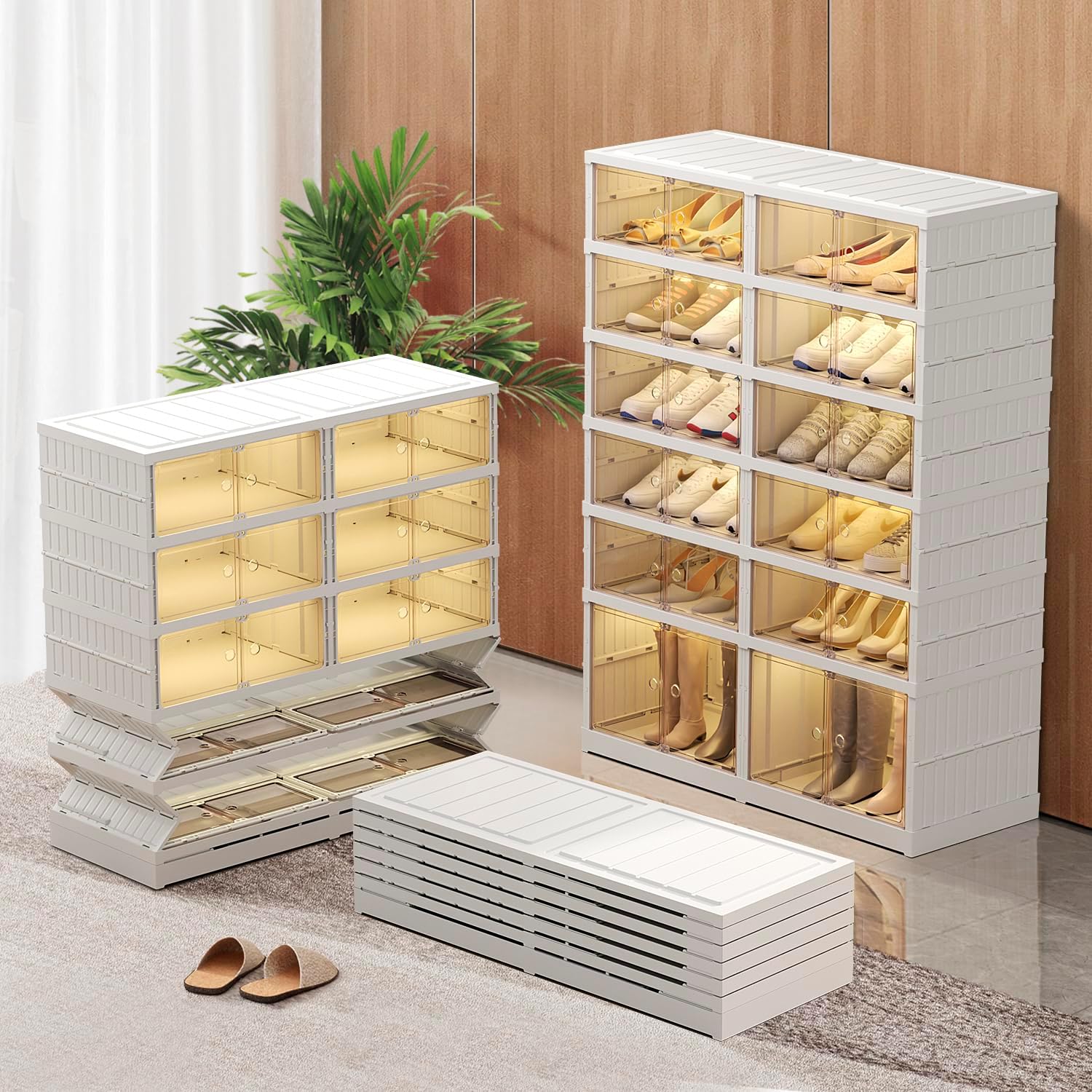 6-Tier Foldable Shoe Rack Organizer for Closet 24Pairs Plastic Shoe Shelf Collapsible Shoes Storage Box Clear Shoe Boxes Stackable with Door Easy Assembly Shoe Cabinet with Lids Large