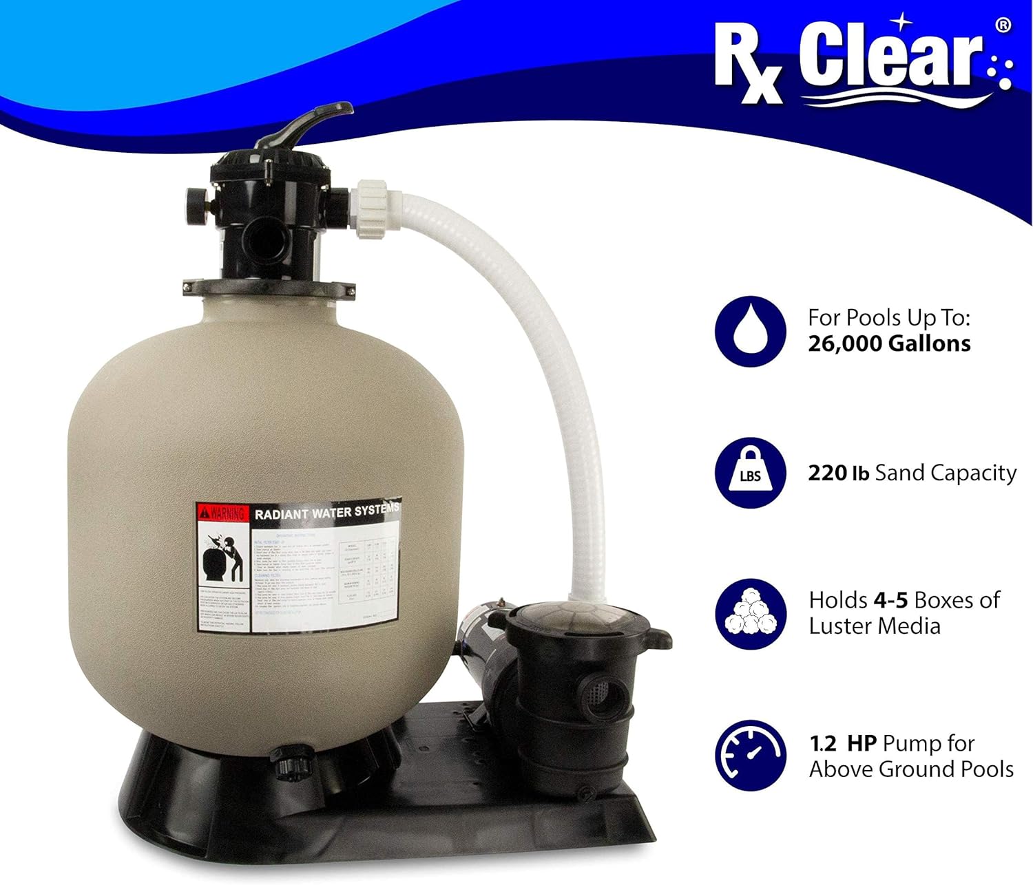 Rx Clear Radiant Complete Sand Filter System | for Above Ground Swimming Pool | Extreme Force 1 1/2 HP Pump | 22 Inch Tank | 220 lb Sand Capacity | Pools up to 26,000 Gallons