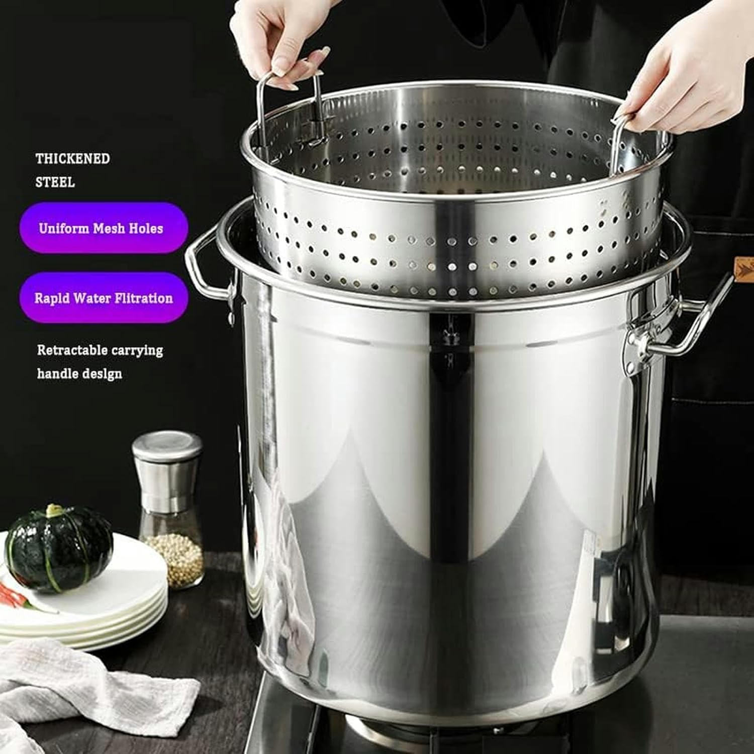 Stainless Steel Stockpot for Crawfish Seafood Turkey Fryer Pot 27Qt/45Qt/63Qt Heavy Duty Commercial Clam Steamer Bucket with Strainer Basket Cookware for Home Outdoor,45Qt(45Qt)