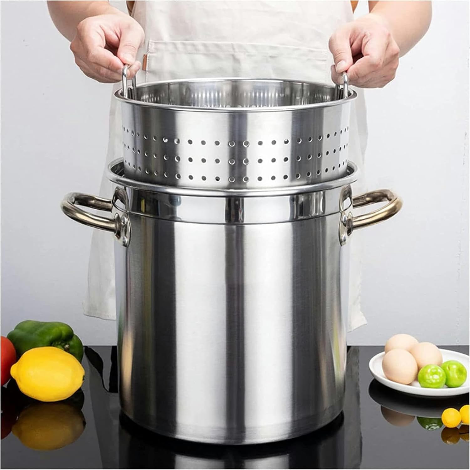 Home Stainless Steel Stockpot, Heavy Crawfish Seafood Pot Turkey Fryer Pot W/Strainer Basket for Boiling Seafood, Vegetables, and Deep Frying,45x45cm(40x40cm)