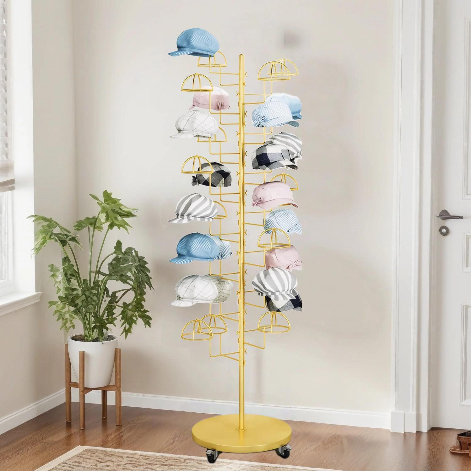Metal Hats Display Rack with 30 Adjustable Hooks Floor Hat Rack Stand Hat Rack Display for Home Retail Store Hat Organizer Rack for Wig Cap(Gold)