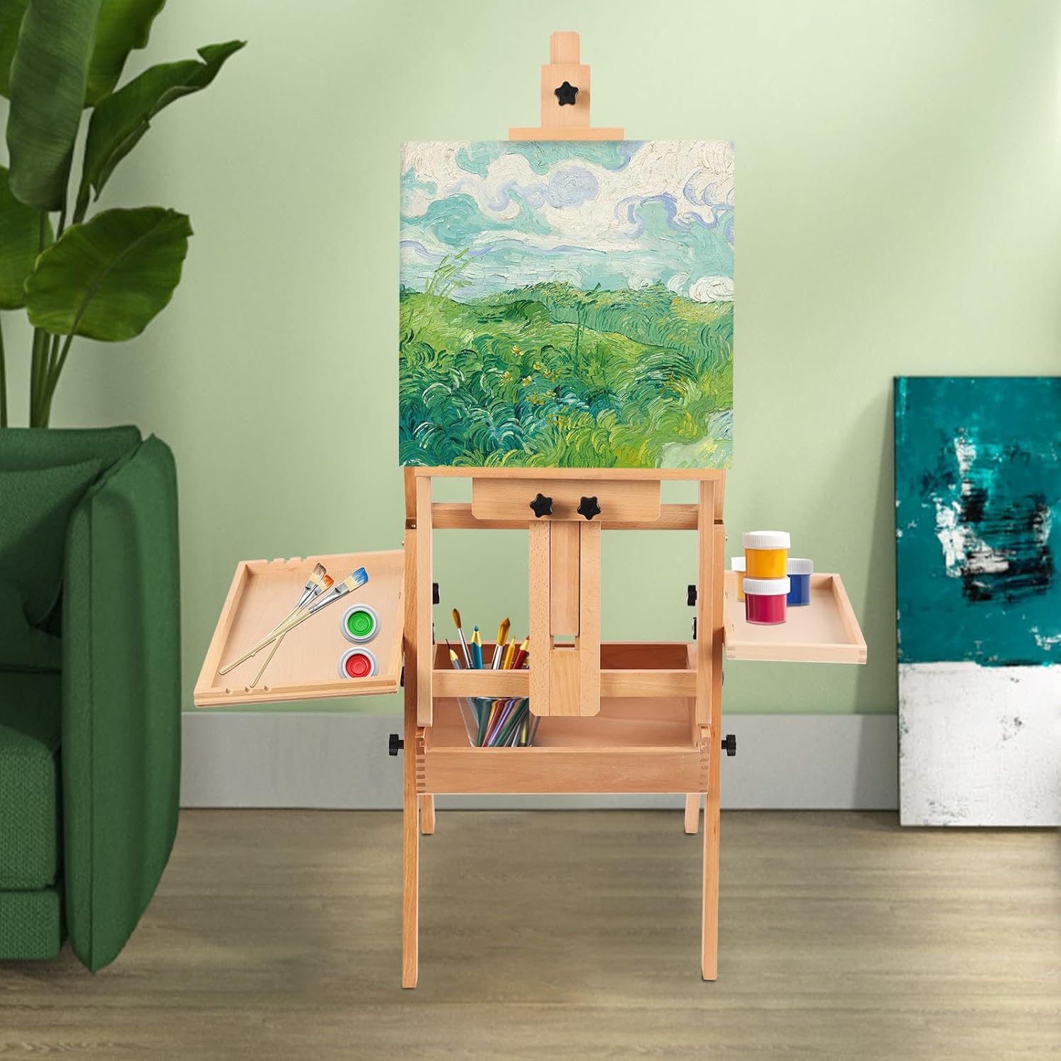 Art Easel Stand H-Frame Studio Easel Adjustable 90° Painting Board Stand Easel Artist Floor Easel Stand Display Art Easel with Artist Storage Tray Wooden Stand for Painting