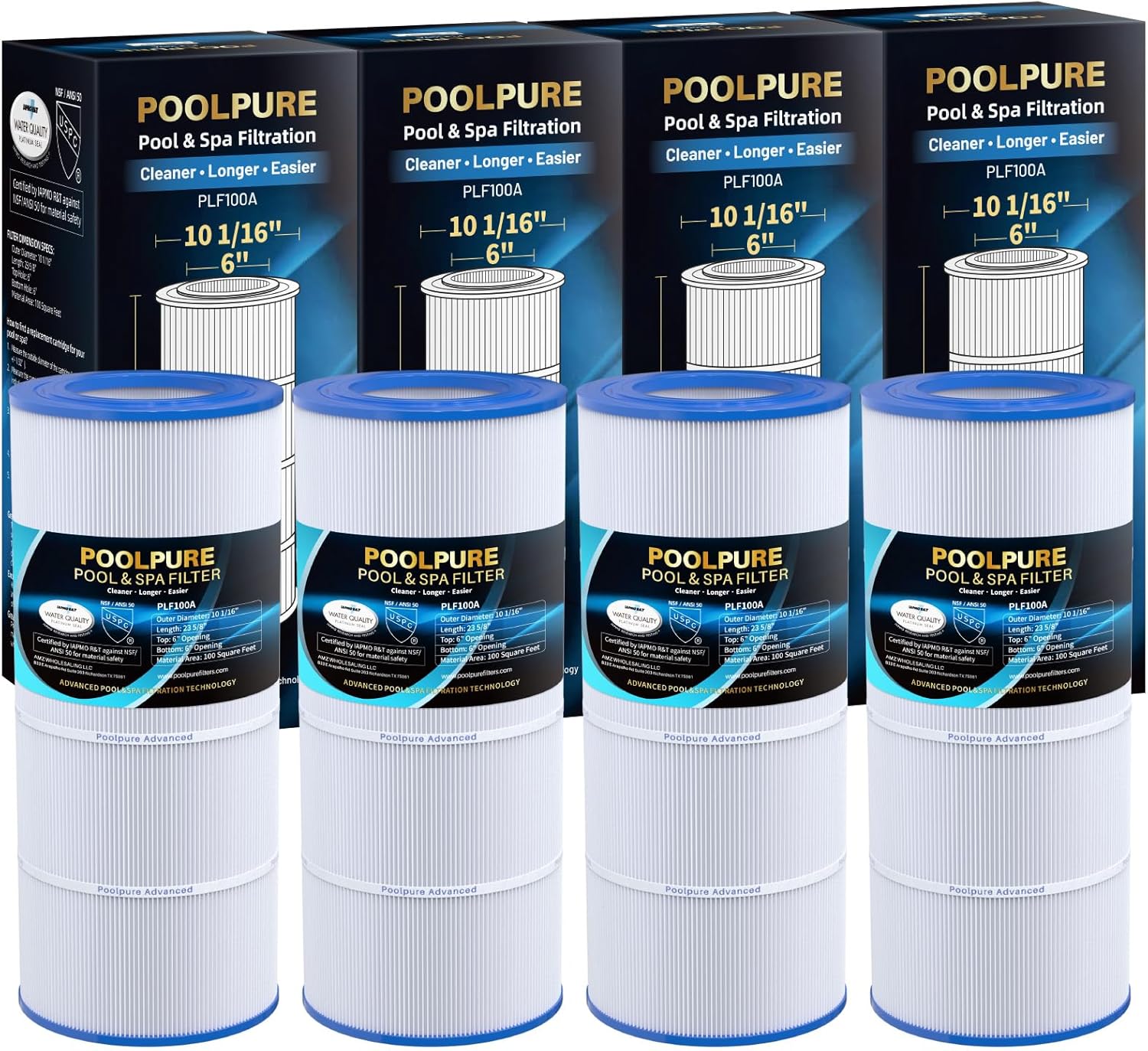 POOLPURE Pack of 4 PLF100A Pool Filter Replaces CC100, CCRP100, PAP100, PAP100-4, Ultral-C3, Unicel C-9410, R173215, Filbur FC-0686, 59054200, 160316, 160354, Predator 100